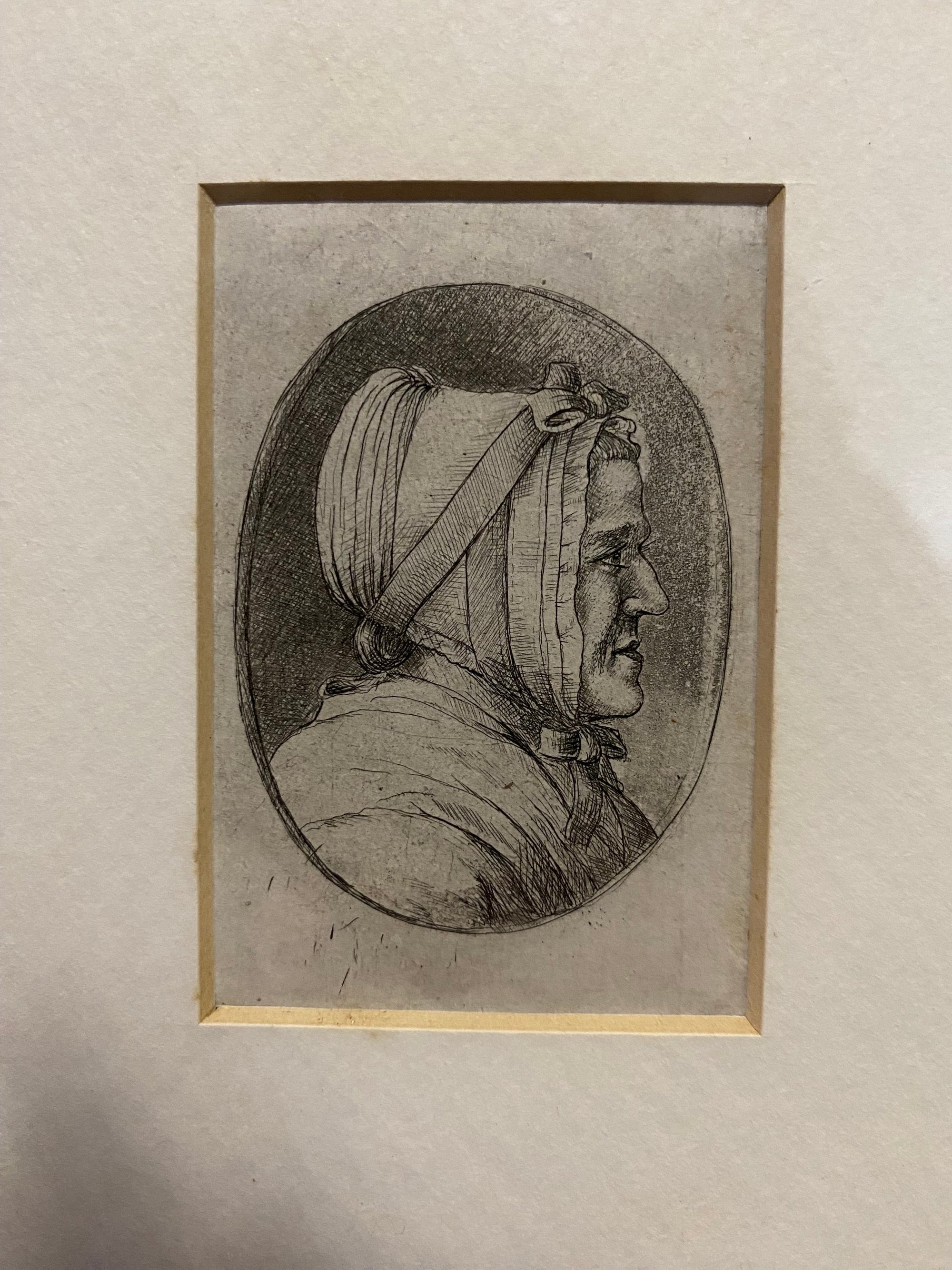 Antique Early Miniature Pencil Portrait Print Of Lady