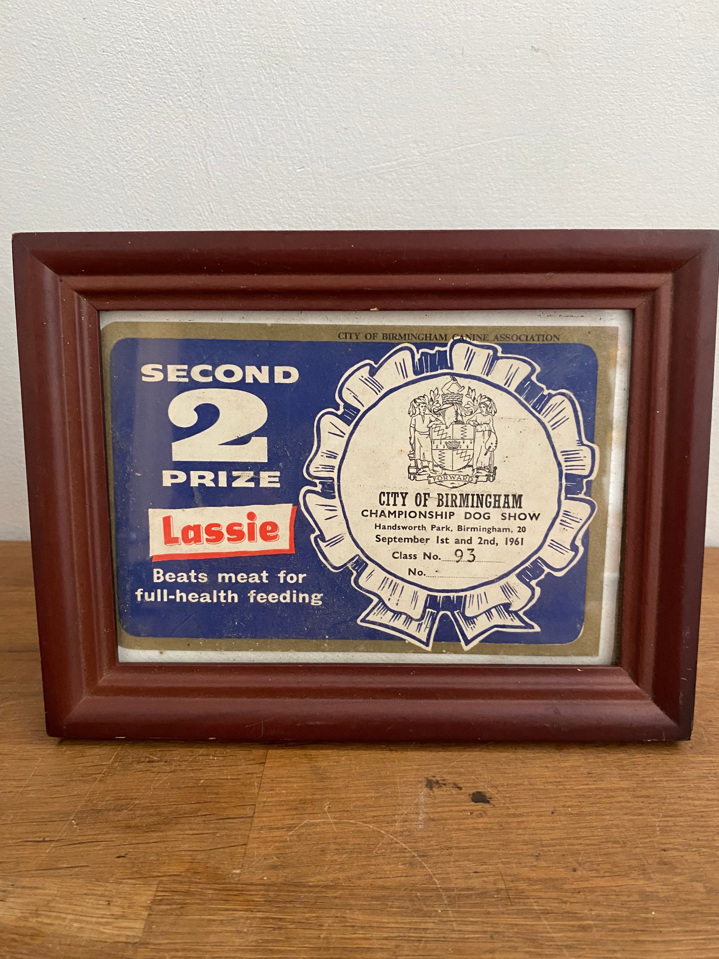 City Of Birmingham Championship Dog Show Second Prize Award 1961 , Certificate
