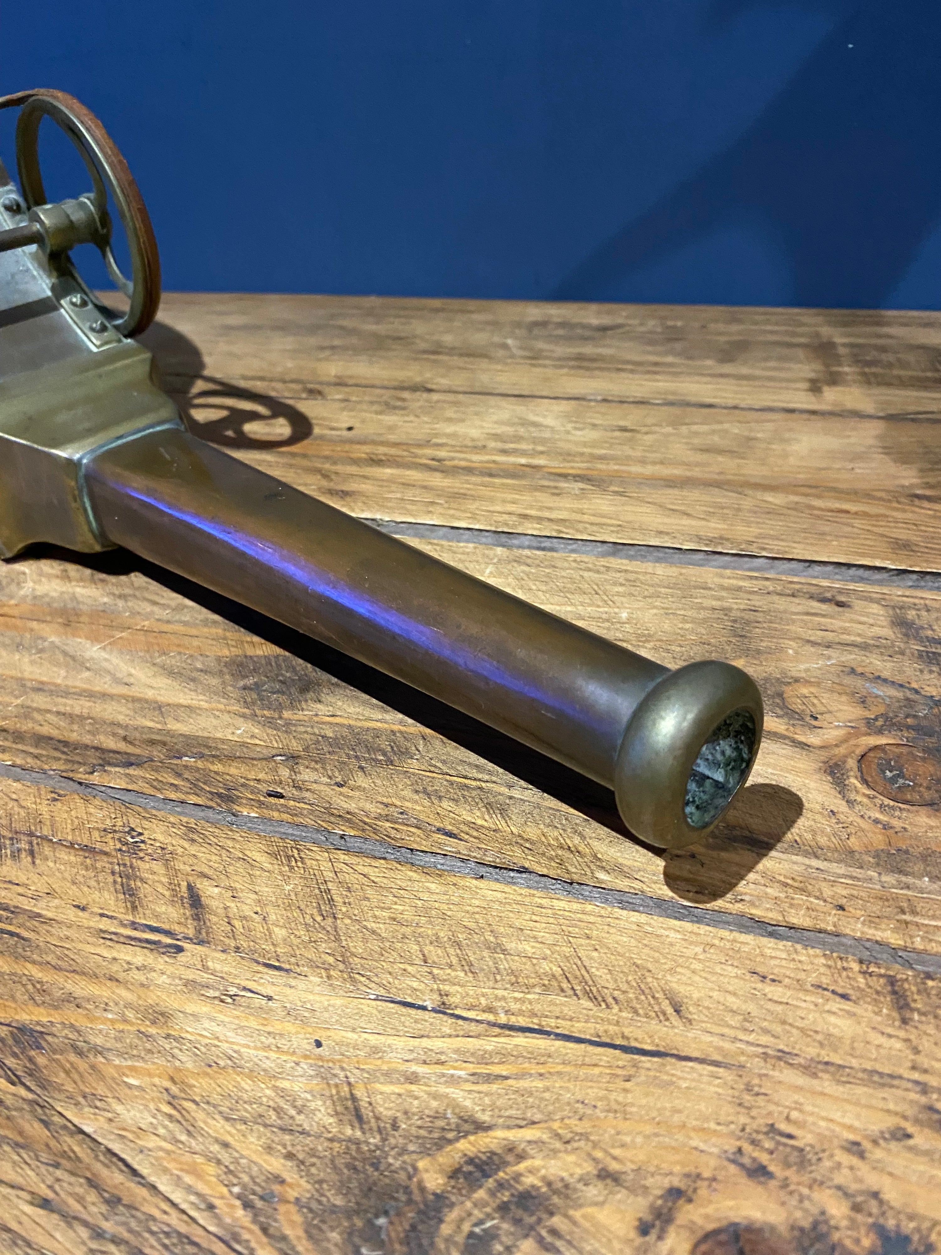 Early Mechanical Fire Bellows ,Copper, Brass, Wood , Irish Halfpenny In Handle .