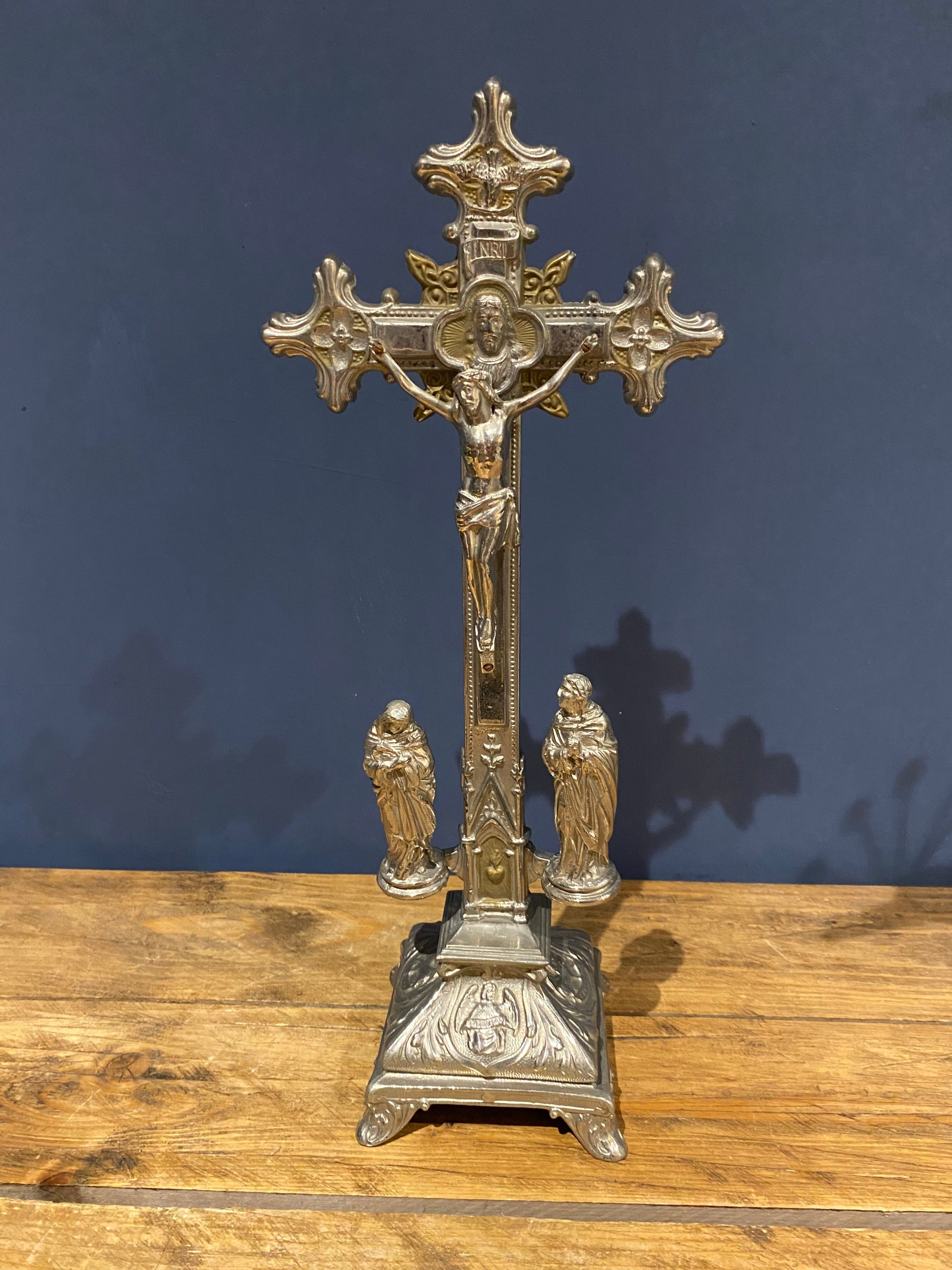 Vintage Mid Century French White Metal  Altar Crucifix 44 Cms High