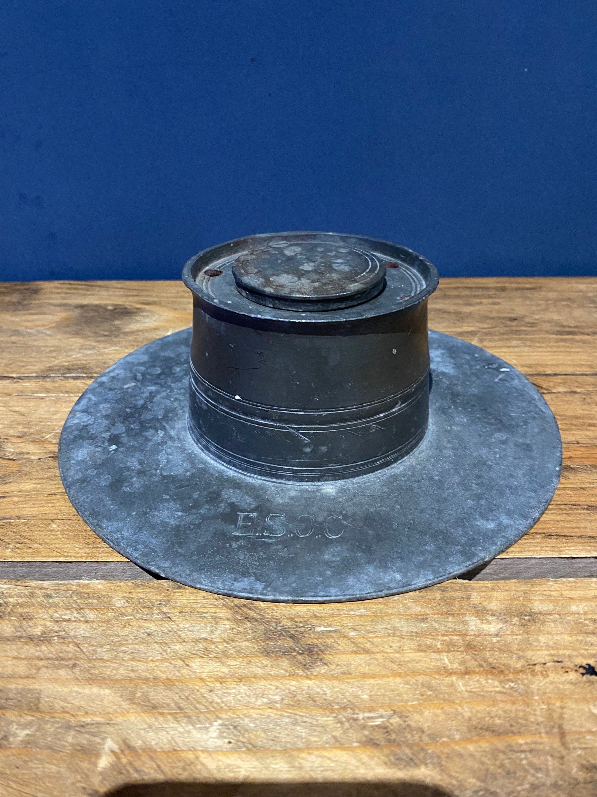 Vintage/ Antique Pewter Inkwell , Stamped E.S.C.C.