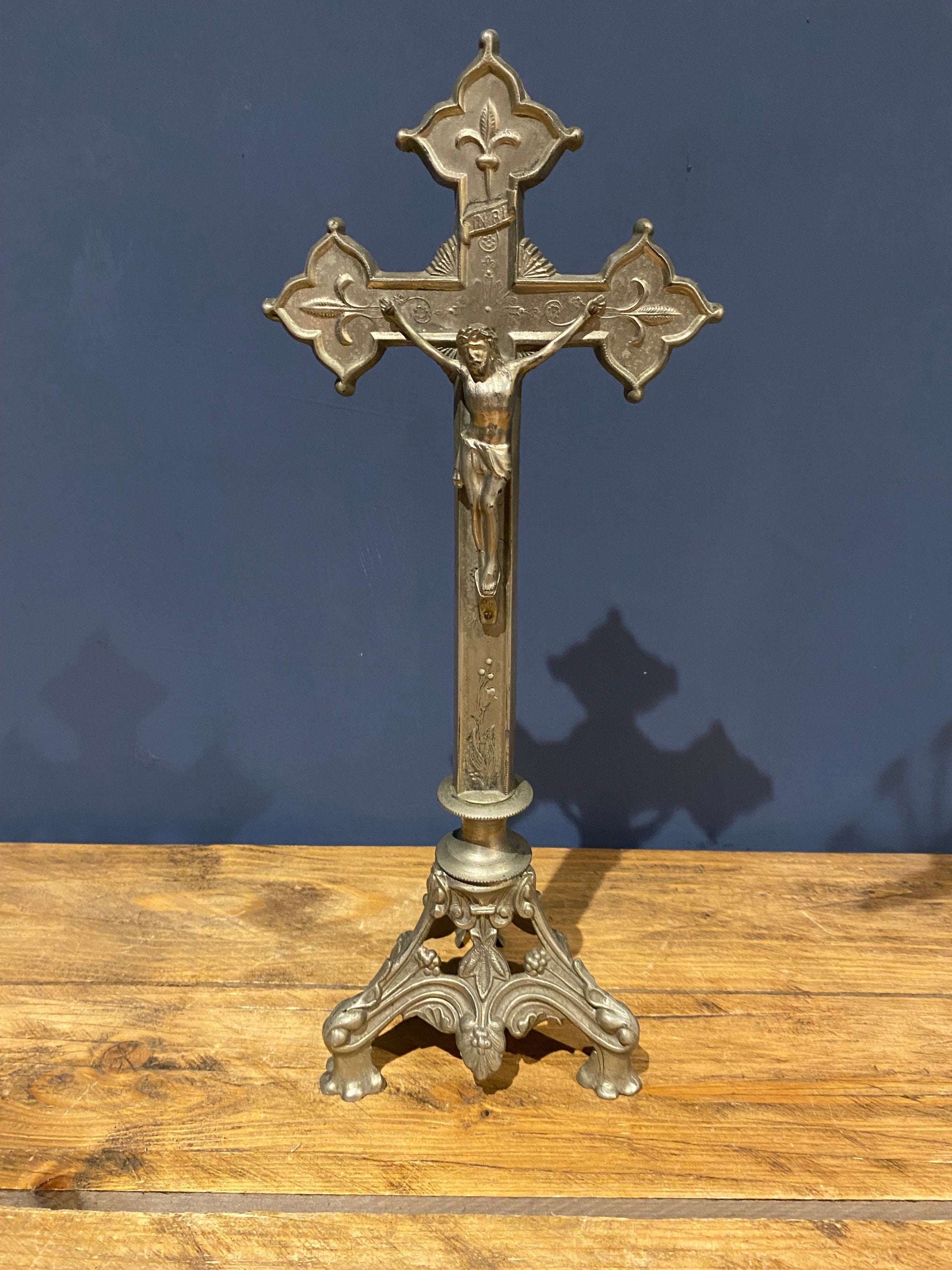 Vintage Mid Century French White Metal Altar Crucifix 41 Cms High