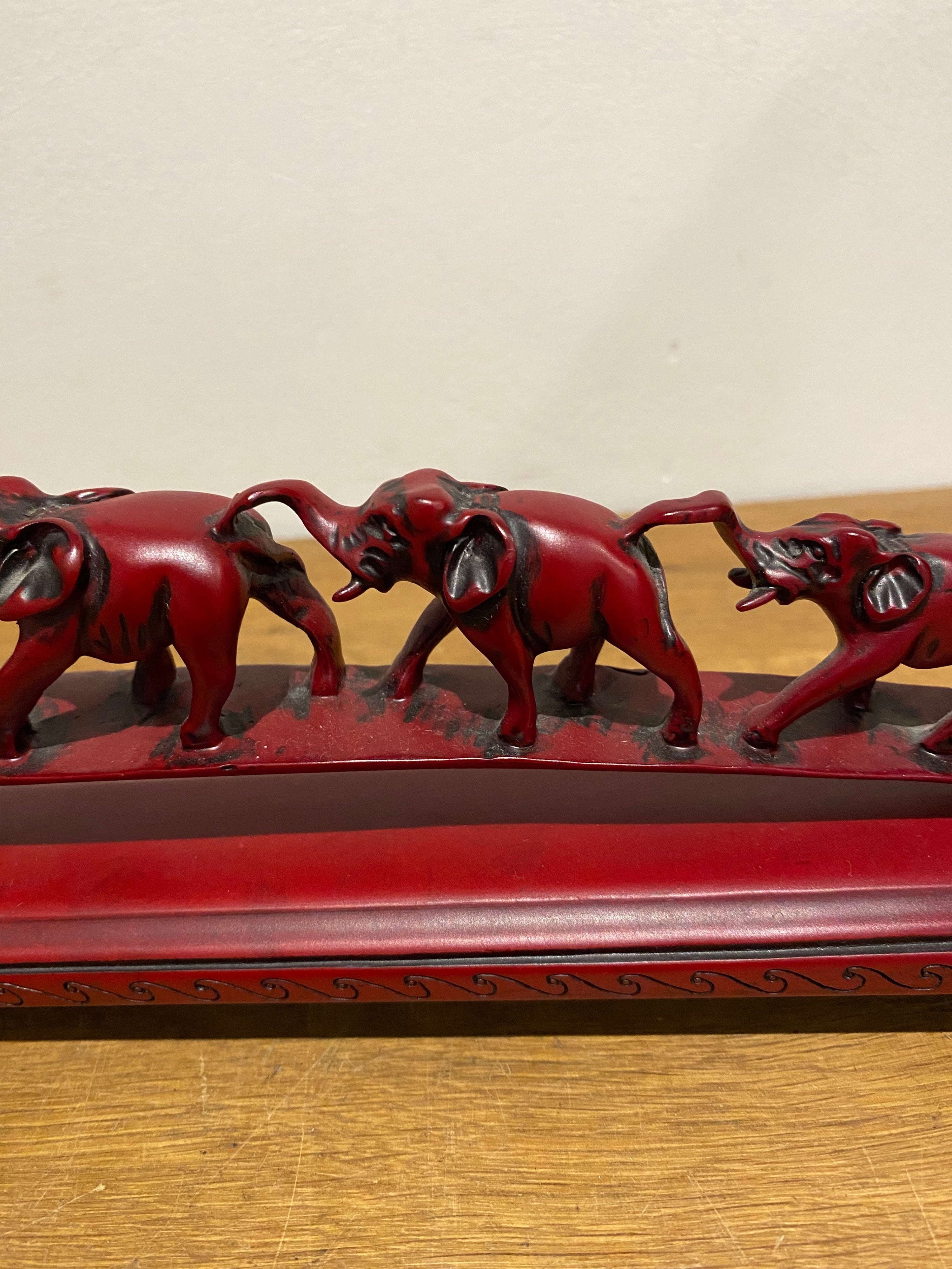 Parade Of Seven Lucky Elephant Resin Model Ornament, Made In China, Cinnabar Red