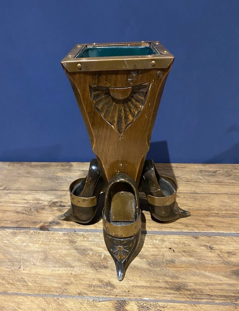 Unusual Vintage Carved Clog Vase, Wood And Copper