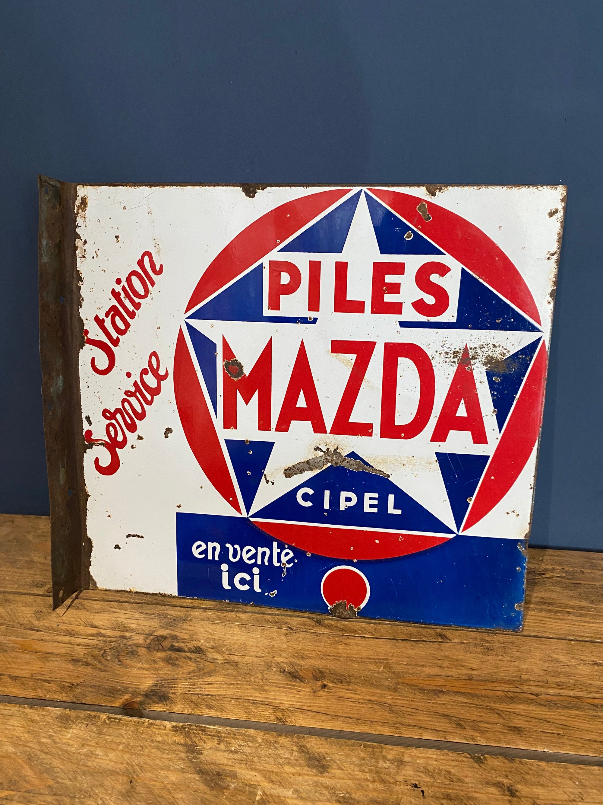 Vintage 70’s Piles Mazda Station Service double sided enamel sign
