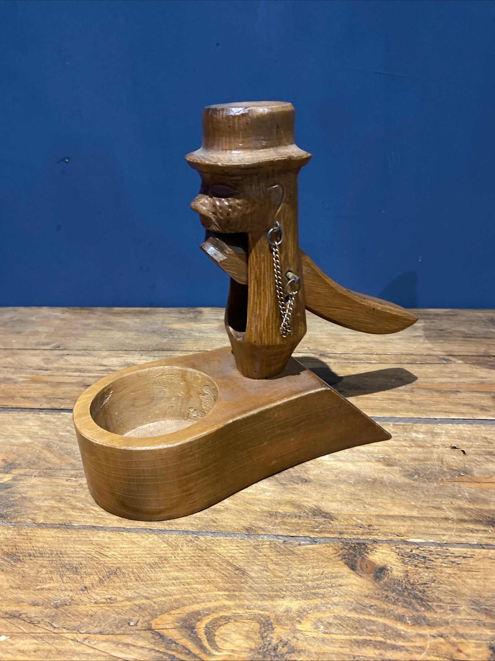 Large Vintage Wood Carved Nut Cracker , Man In Top Hat. With Shell Tray