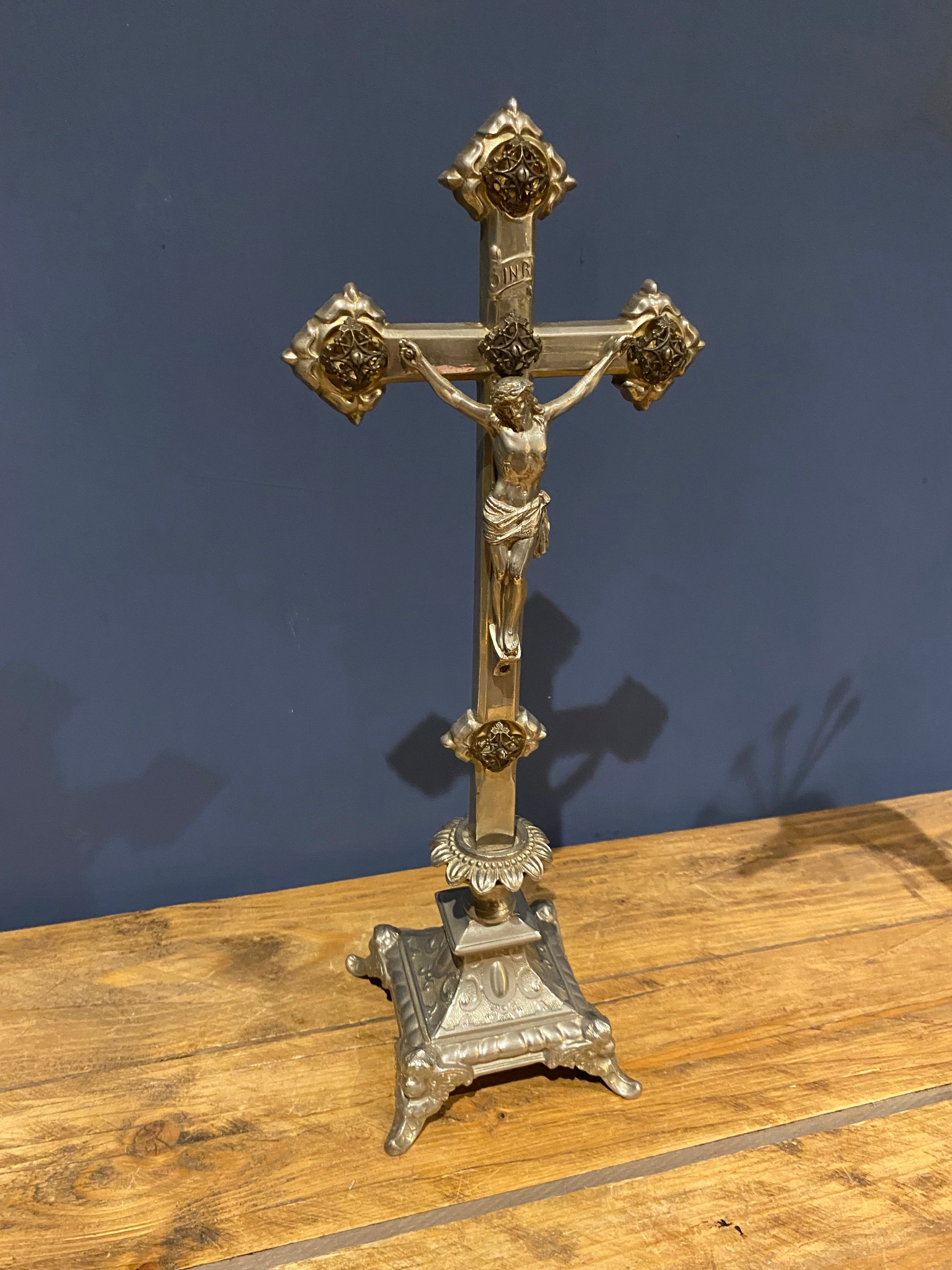 Vintage Mid Century French White Metal  Altar Crucifix 44.5 Cms High