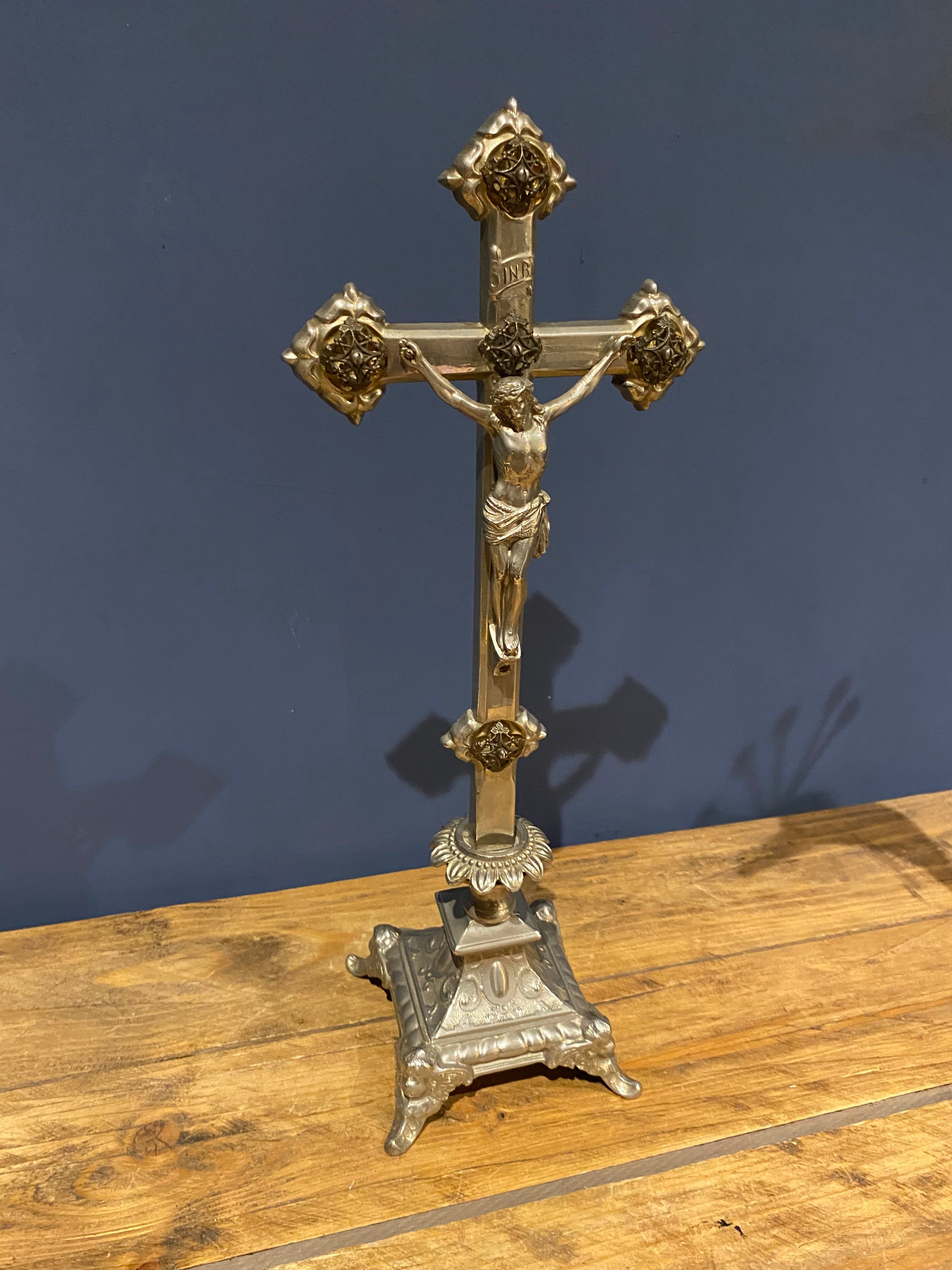 Vintage Mid Century French White Metal  Altar Crucifix 44.5 Cms High