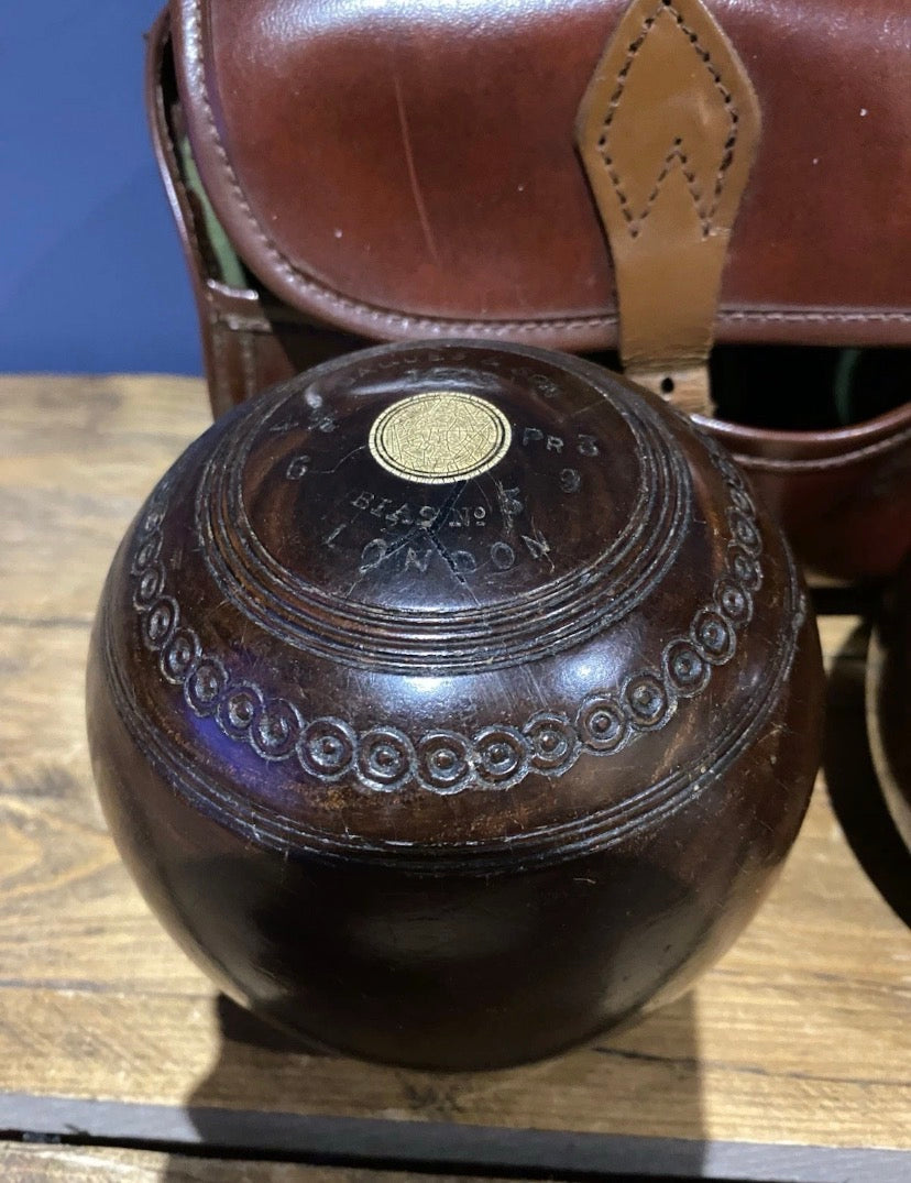 Pair Of Vintage Jaques Lawn Bowls Plus Bag , No3 Bias, 4 3/4”, 1503