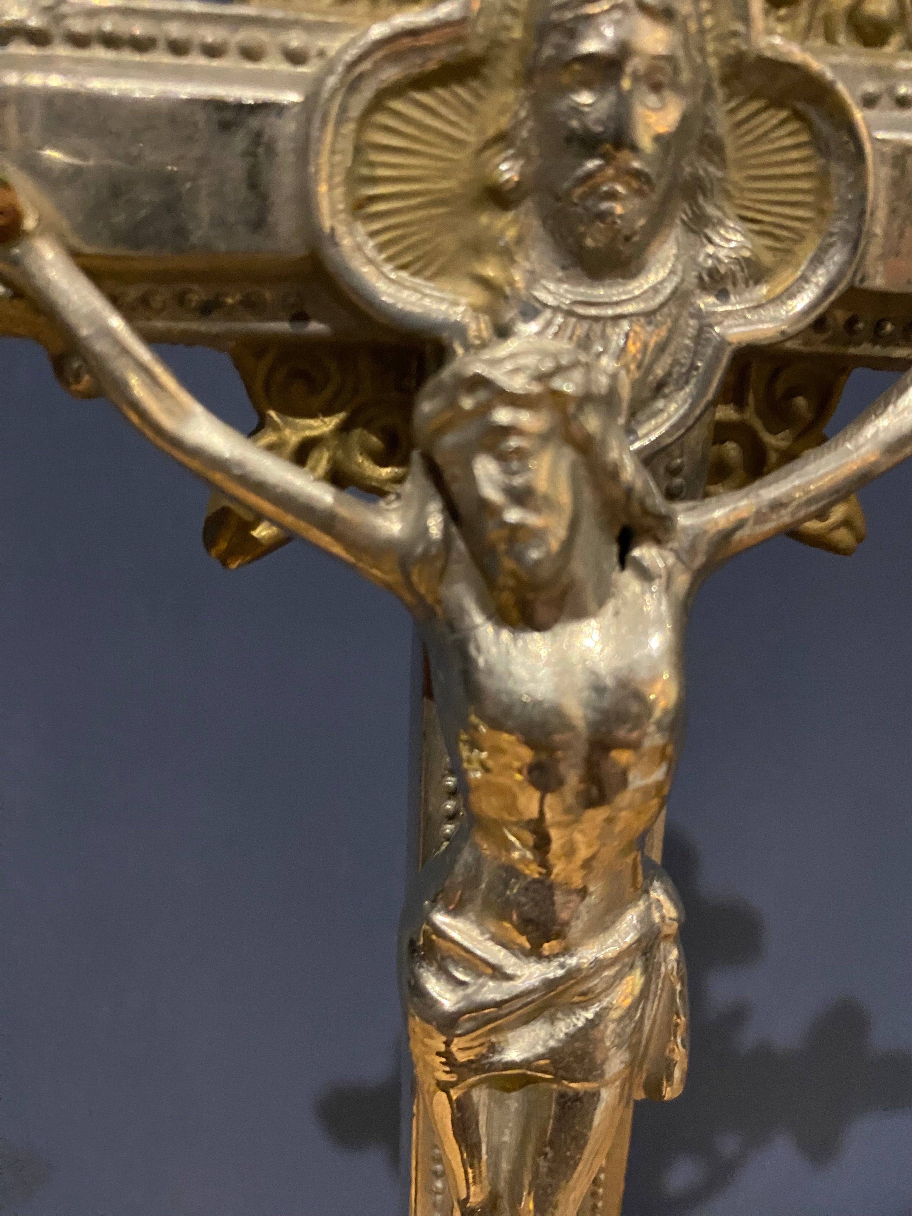 Vintage Mid Century French White Metal  Altar Crucifix 44 Cms High