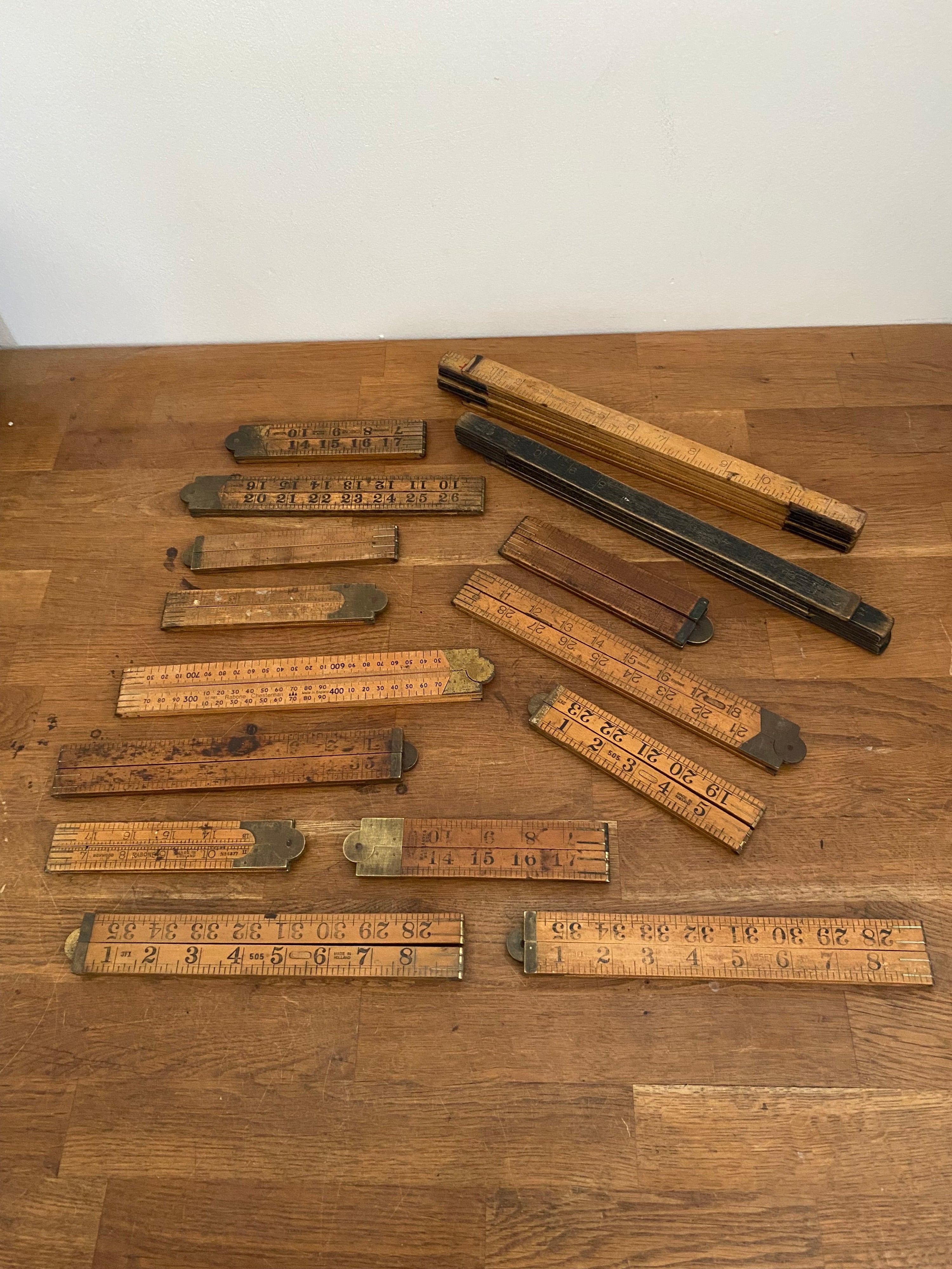 Joblot Of 15 Vintage Box Wood Folding Rulers , Mostly Rabone , Various Condition