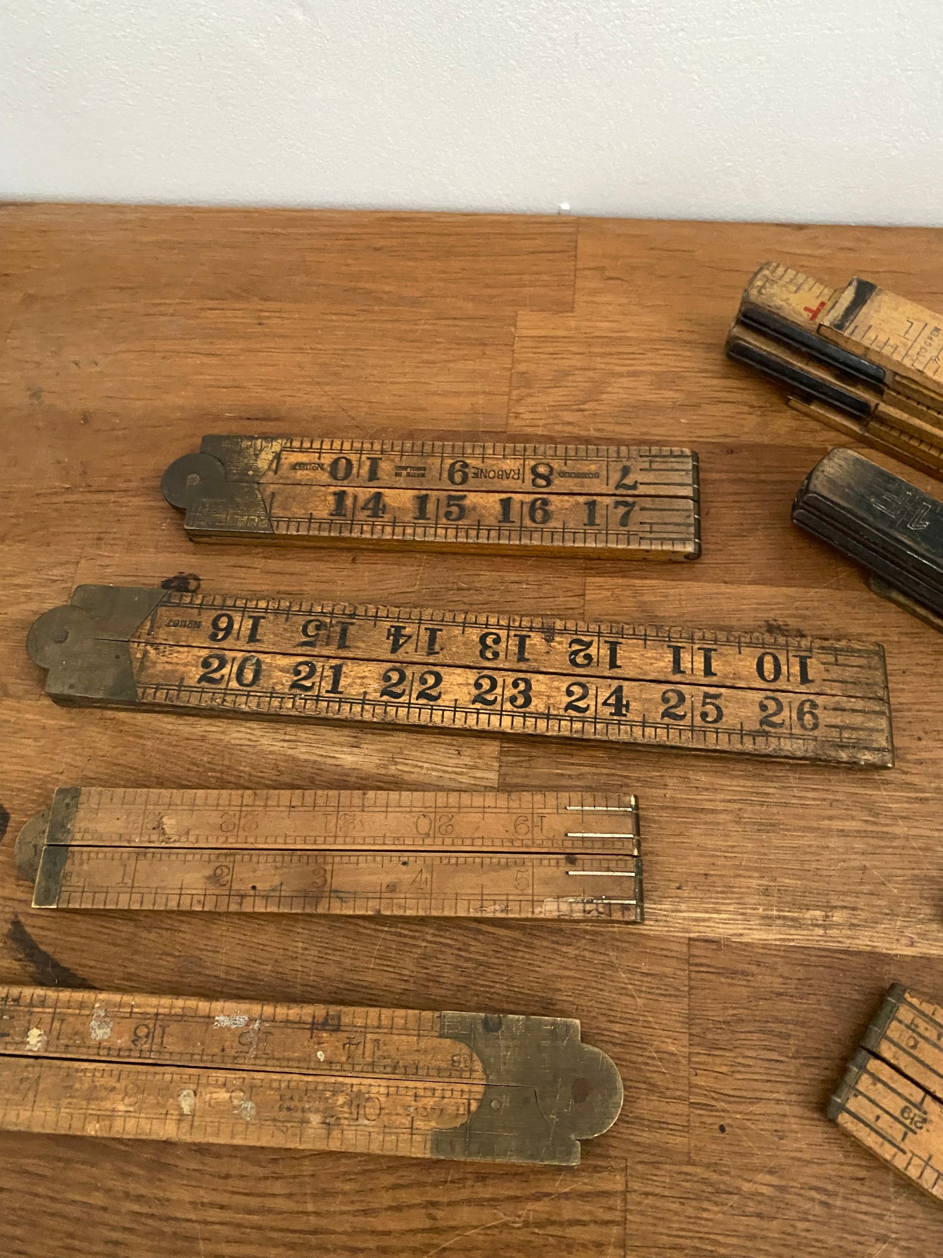 Joblot Of 15 Vintage Box Wood Folding Rulers , Mostly Rabone , Various Condition