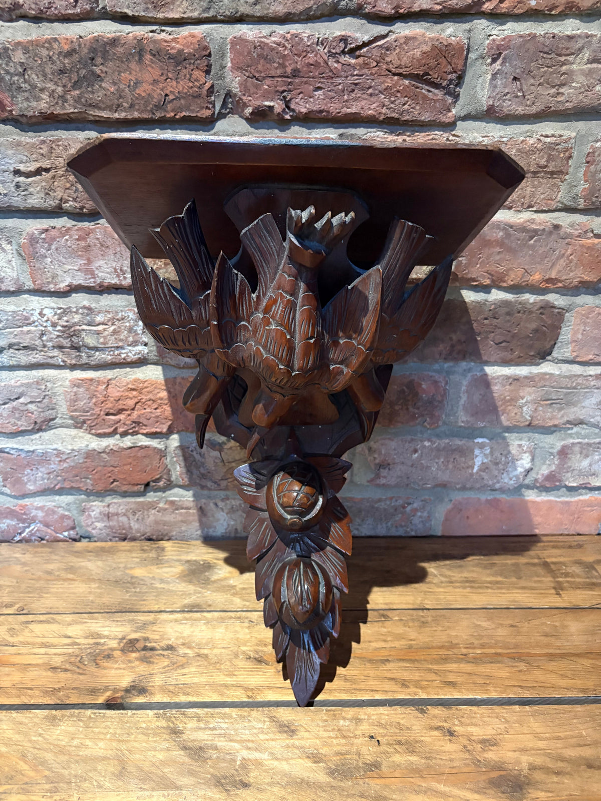 Antique Carved Wood Shelf , Clock Shelf , Austrian . Black forest?