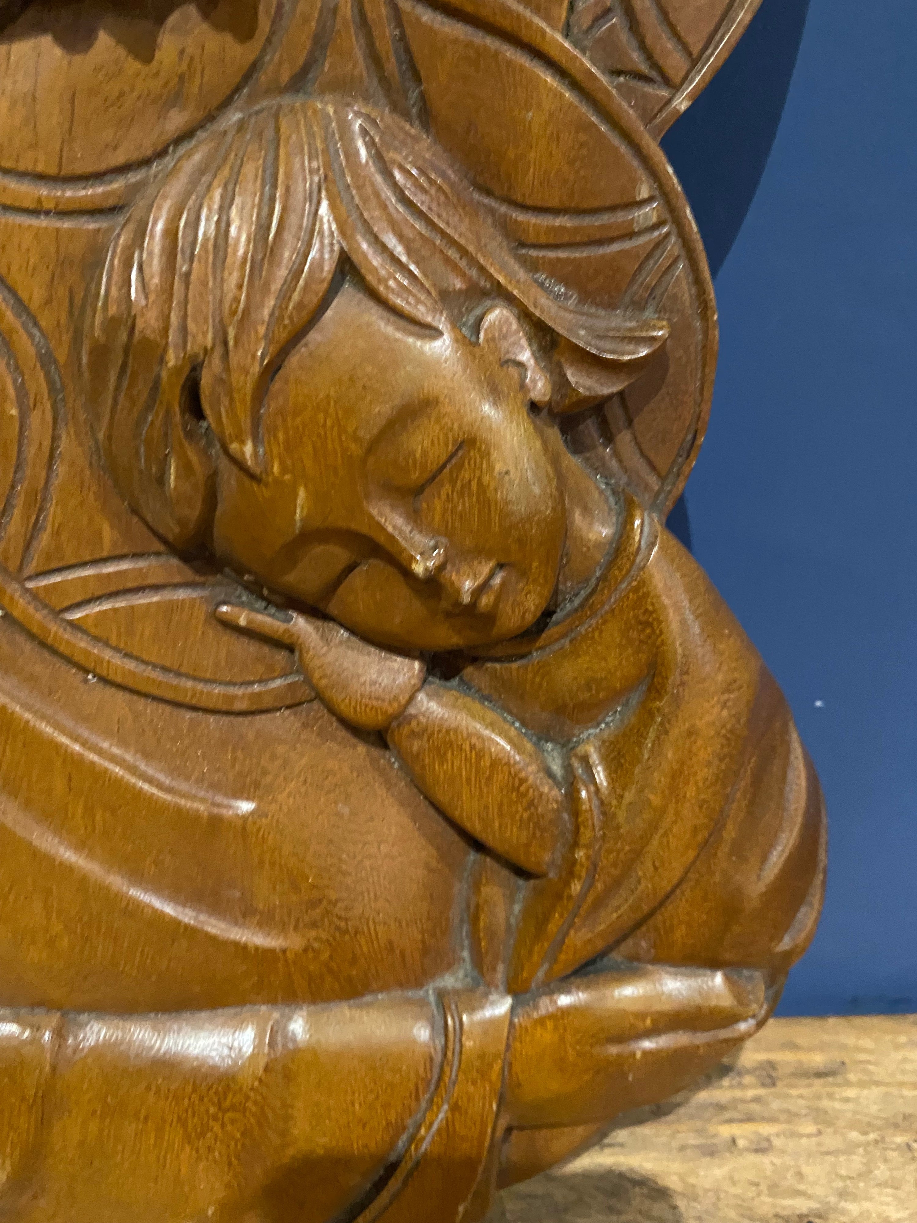 Vintage Olive Wood Madonna And Child / Mary And Jesus Carved Plaque