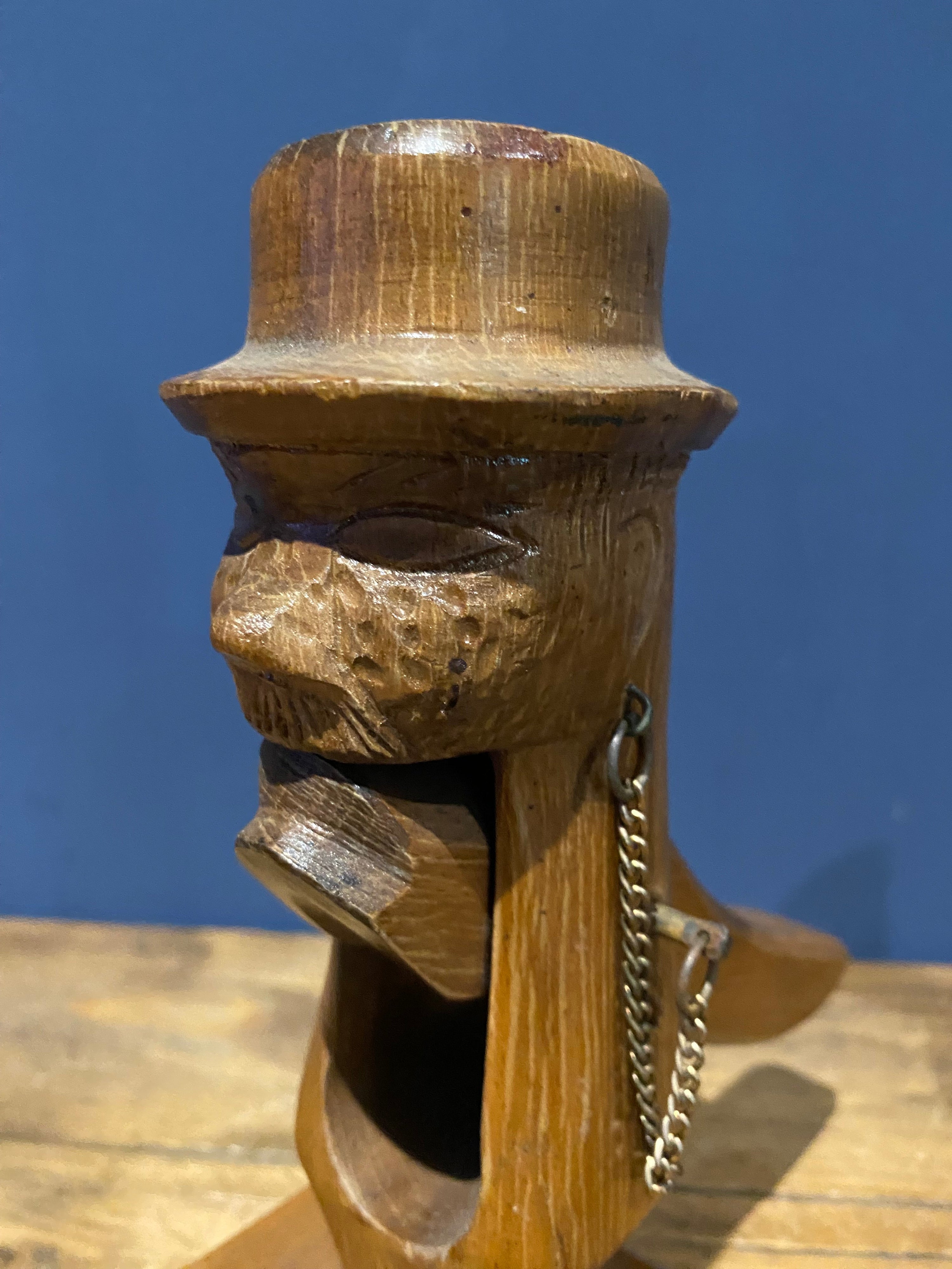Large Vintage Wood Carved Nut Cracker , Man In Top Hat. With Shell Tray