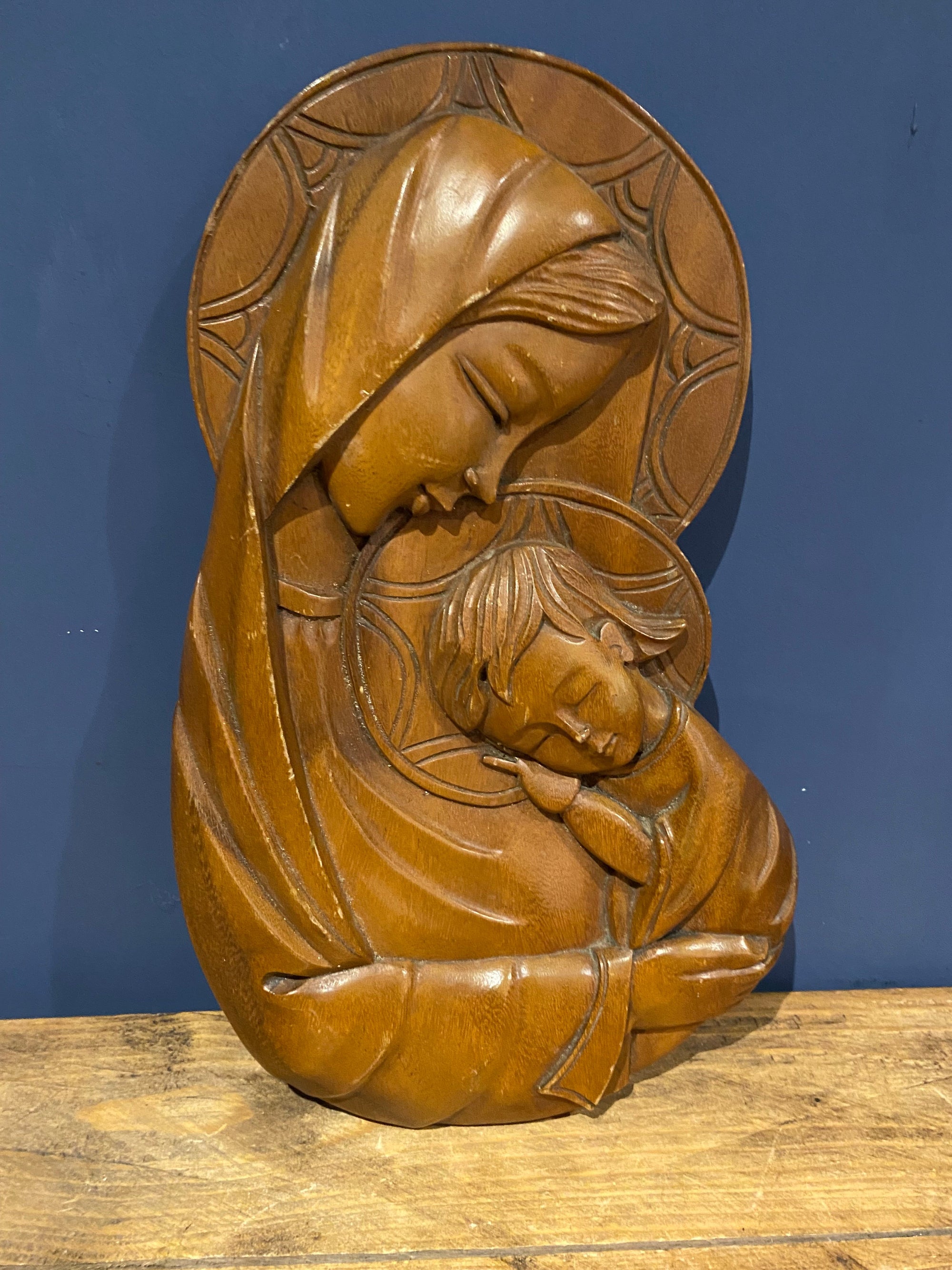 Vintage Olive Wood Madonna And Child / Mary And Jesus Carved Plaque