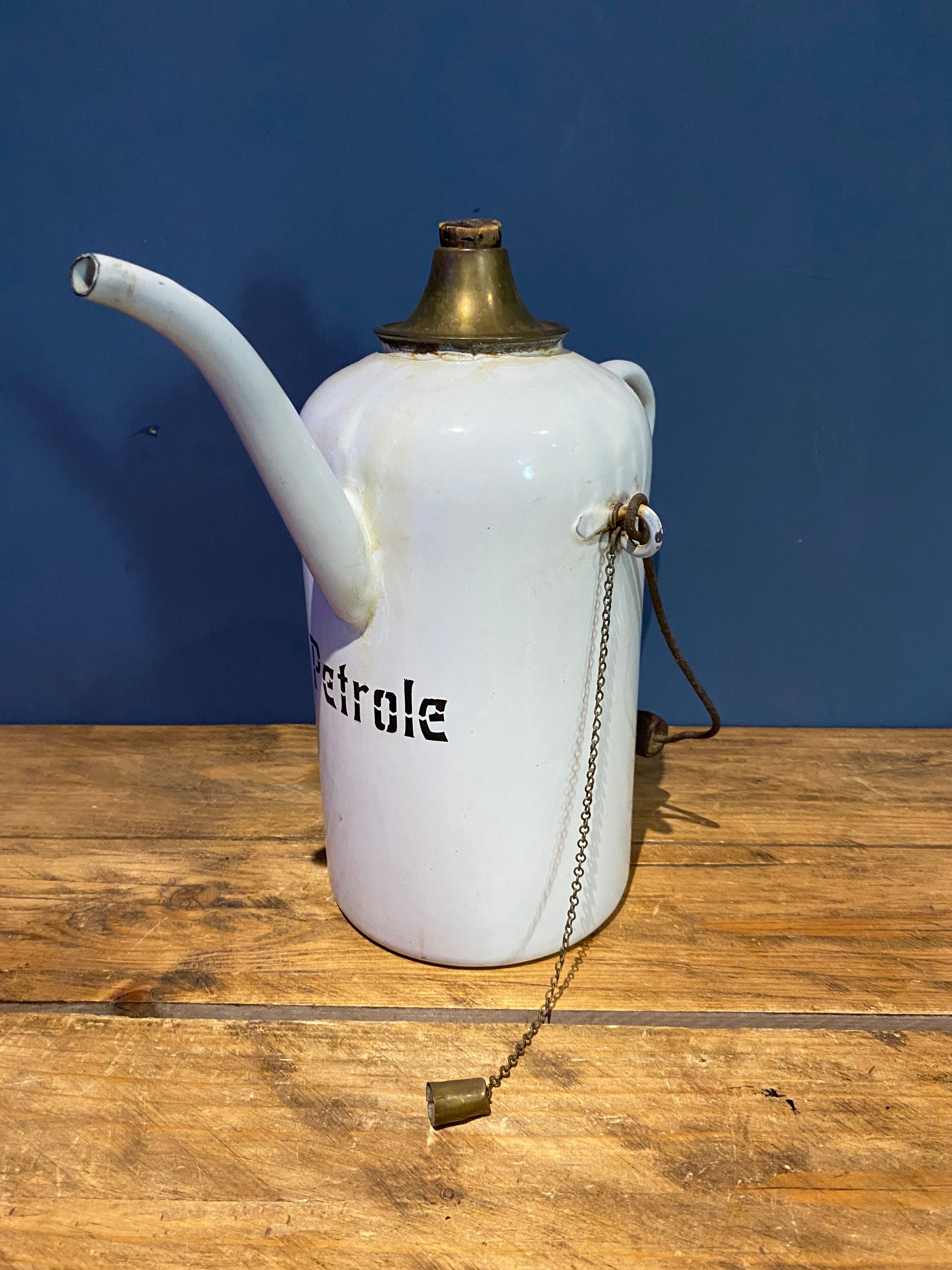 Vintage Enamel Petrole Oil Can Long Spout Petrol Pouring Can, Garage Decor