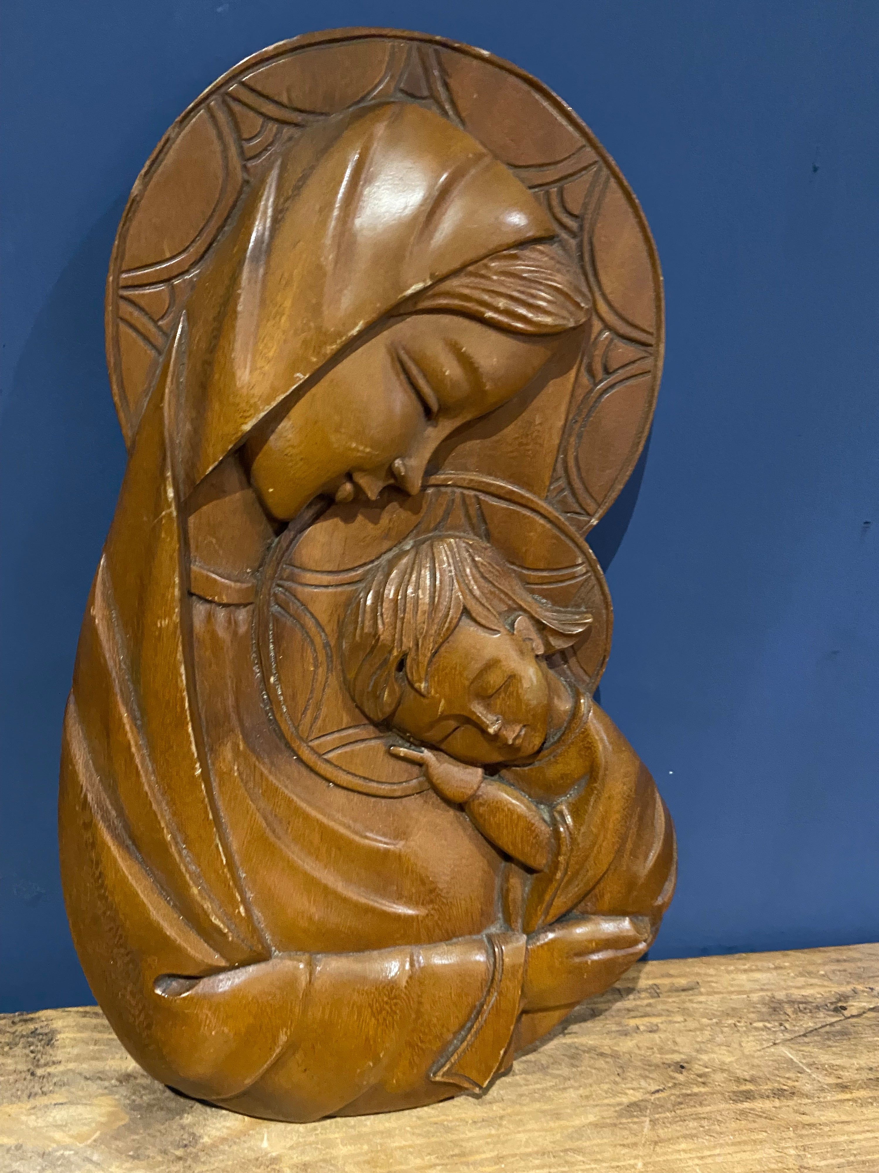 Vintage Olive Wood Madonna And Child / Mary And Jesus Carved Plaque