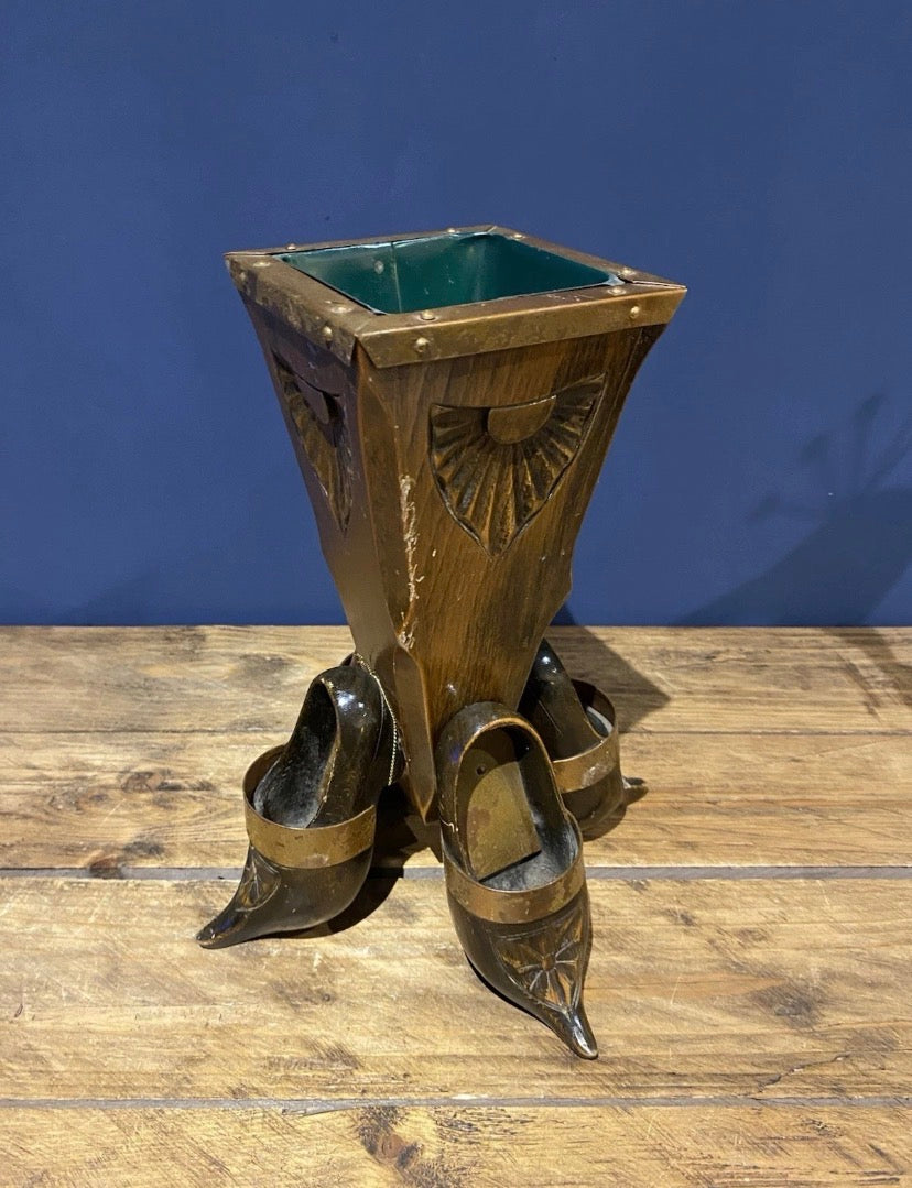 Unusual Vintage Carved Clog Vase, Wood And Copper