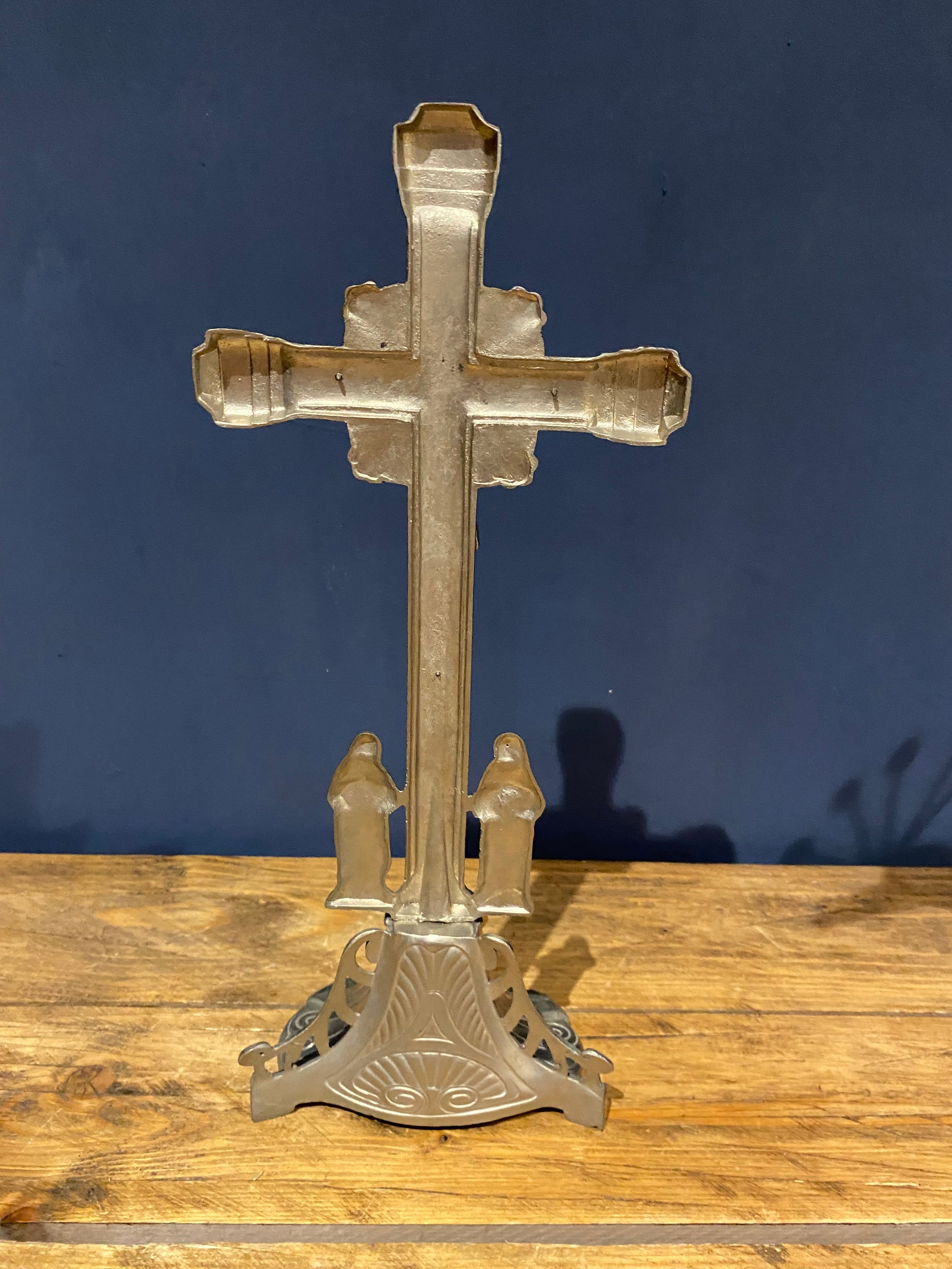 Vintage Mid Century French White Metal /chrome Altar Crucifix 40 Cms High