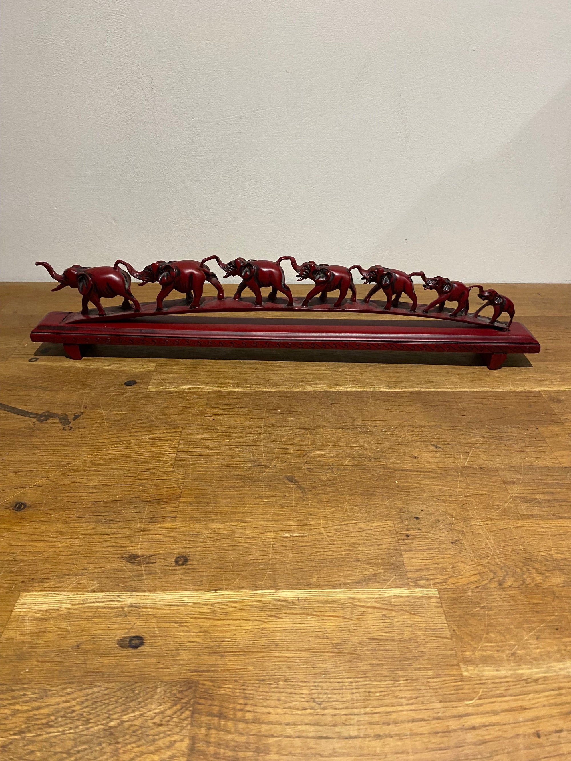 Parade Of Seven Lucky Elephant Resin Model Ornament, Made In China, Cinnabar Red