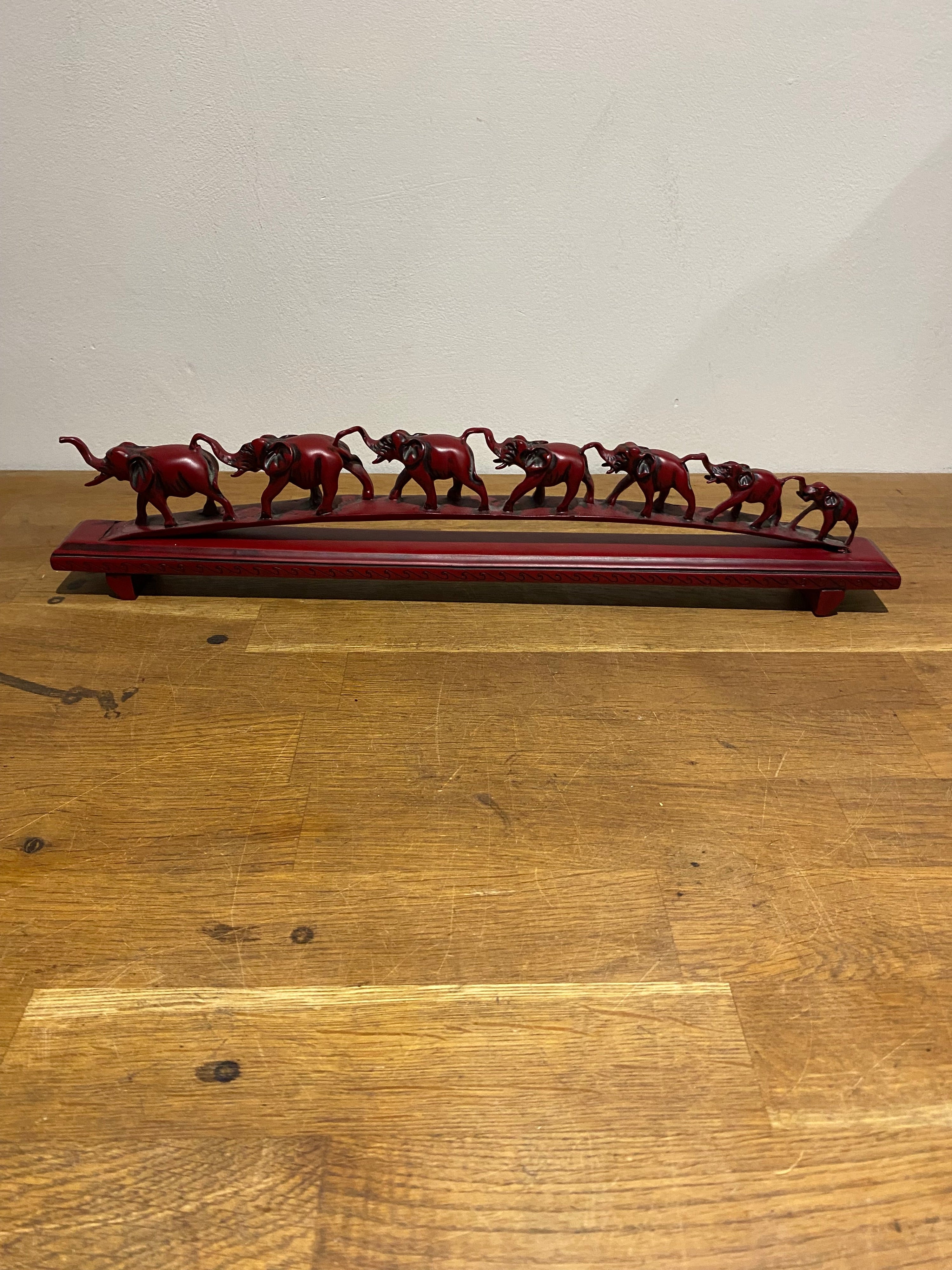 Parade Of Seven Lucky Elephant Resin Model Ornament, Made In China, Cinnabar Red