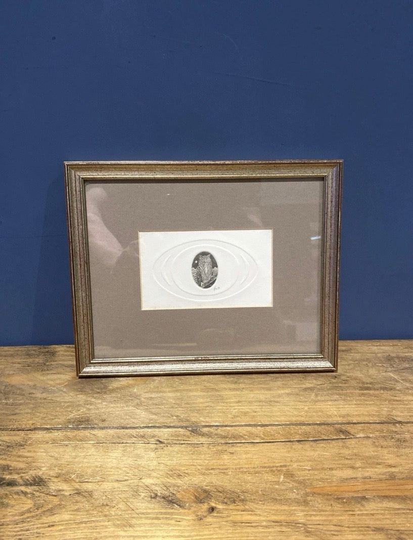 Vintage Miniature Etching Of An Owl On Embossed Paper , Framed