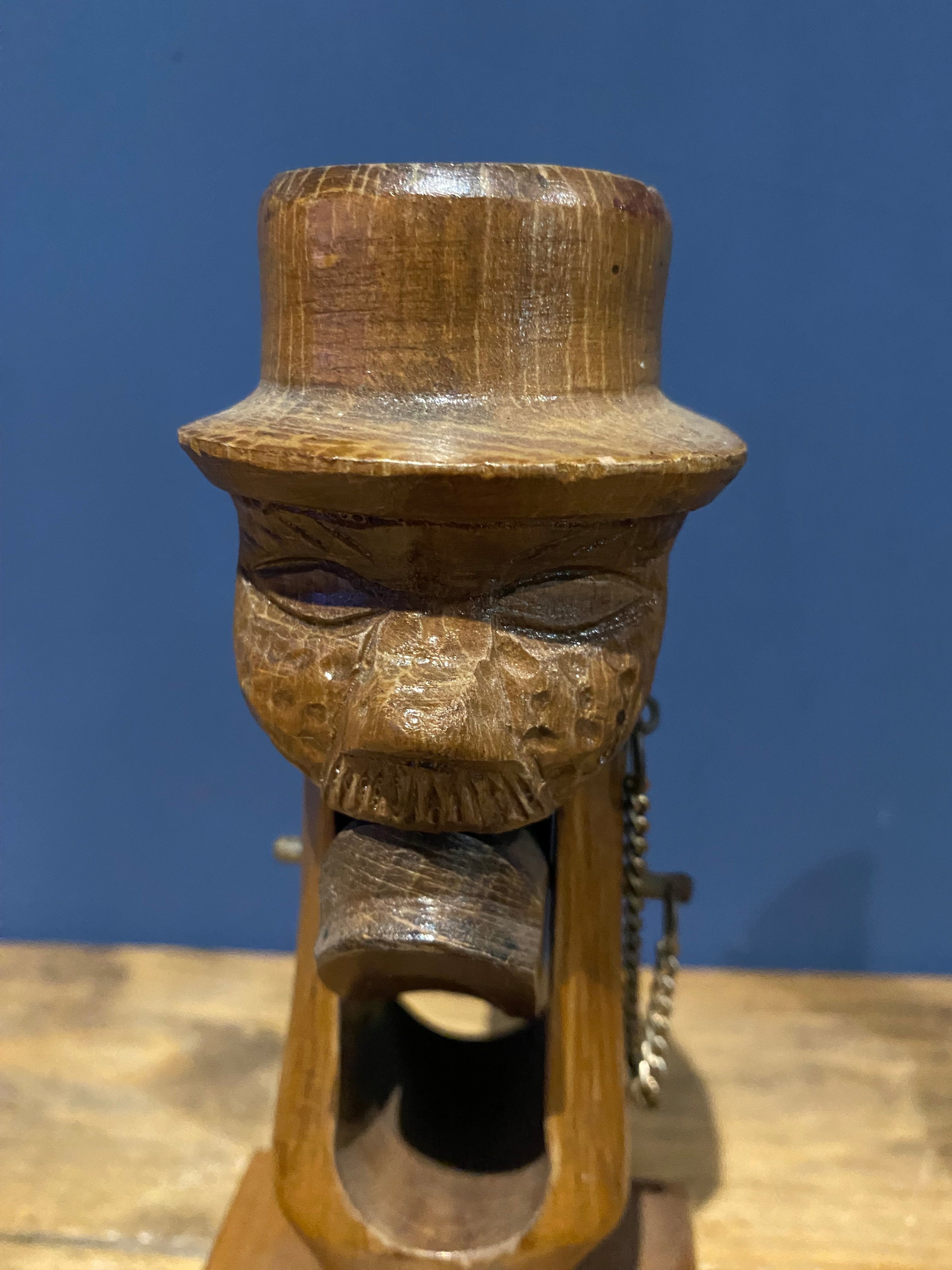 Large Vintage Wood Carved Nut Cracker , Man In Top Hat. With Shell Tray