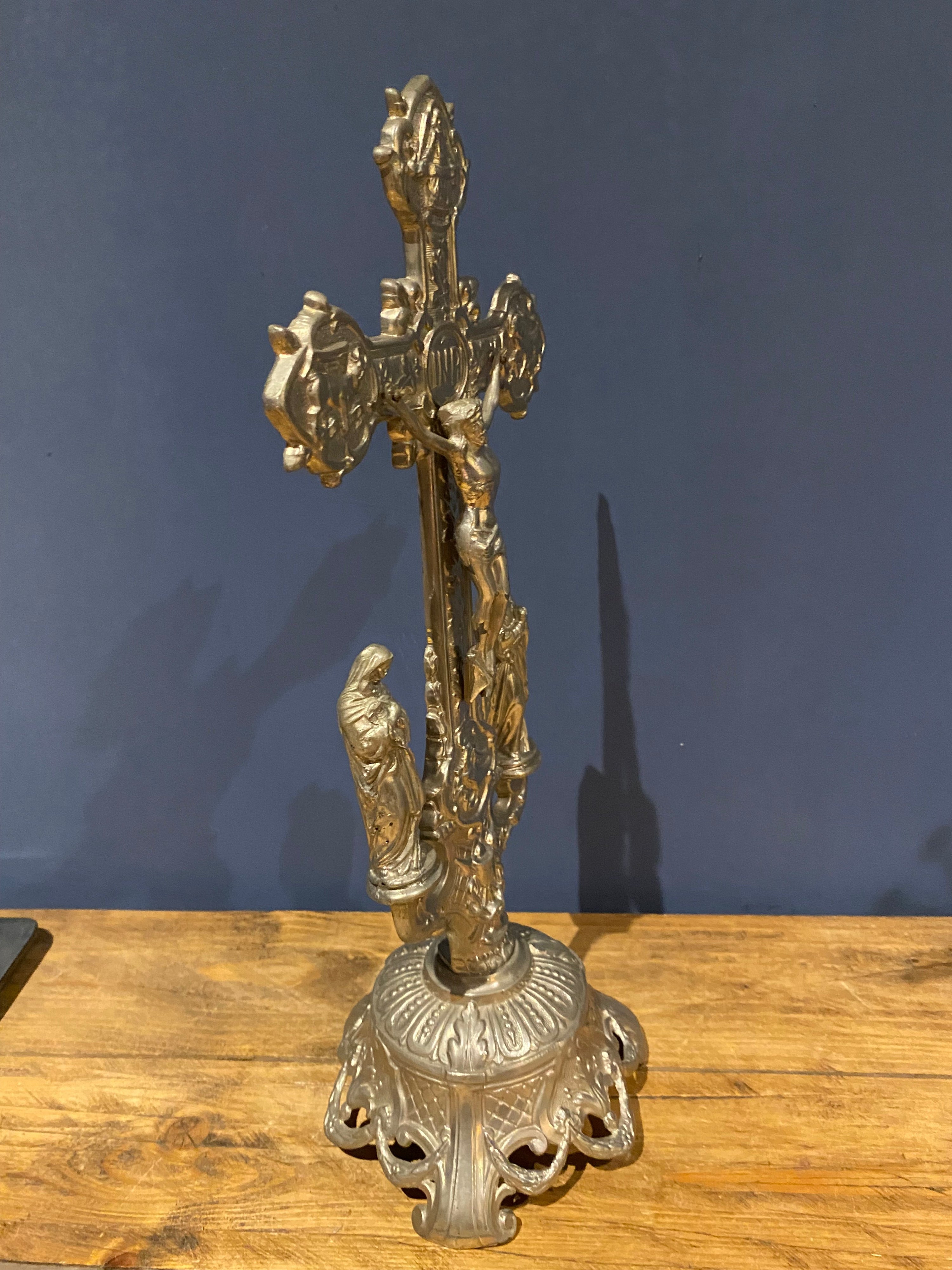 Vintage Mid Century French White Metal  Altar Crucifix 45 Cms High