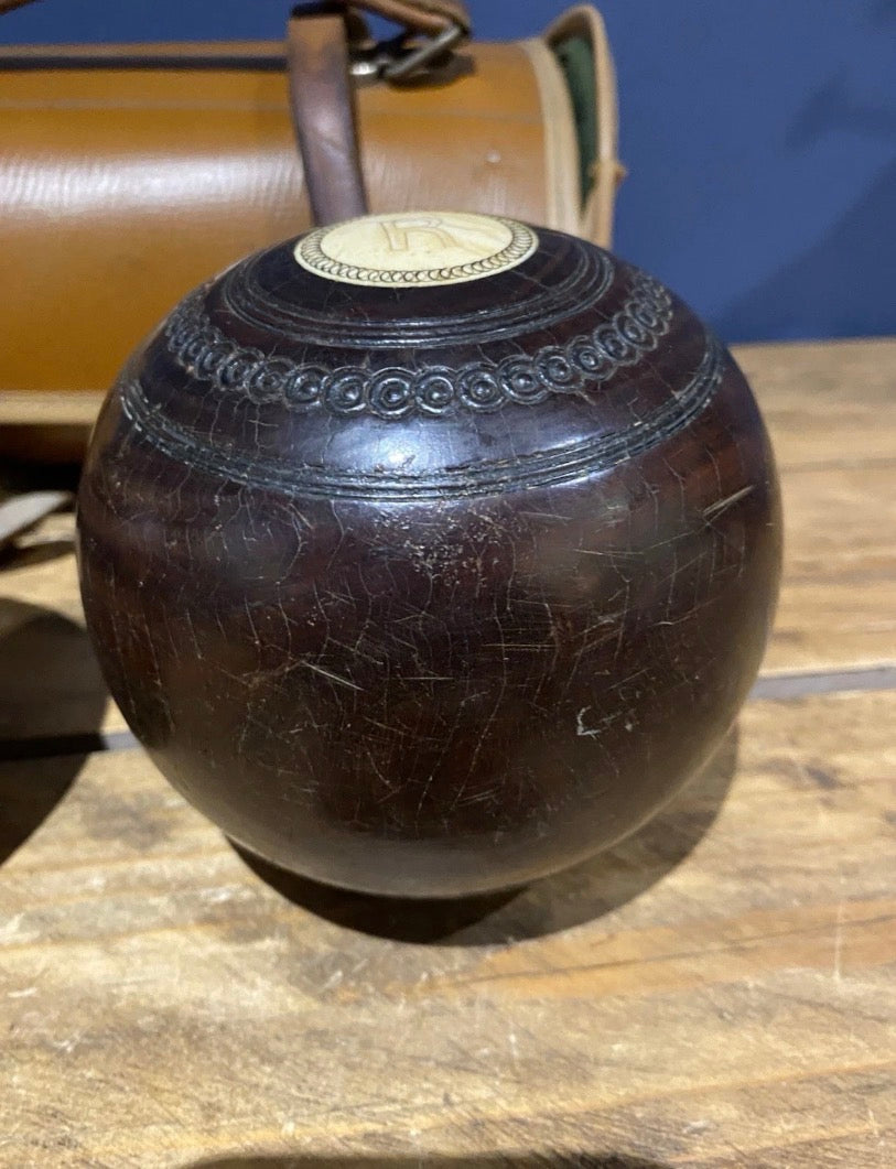 Pair Of Vintage Lawn Bowls Plus Bag , No3 Bias, 4 7/8.