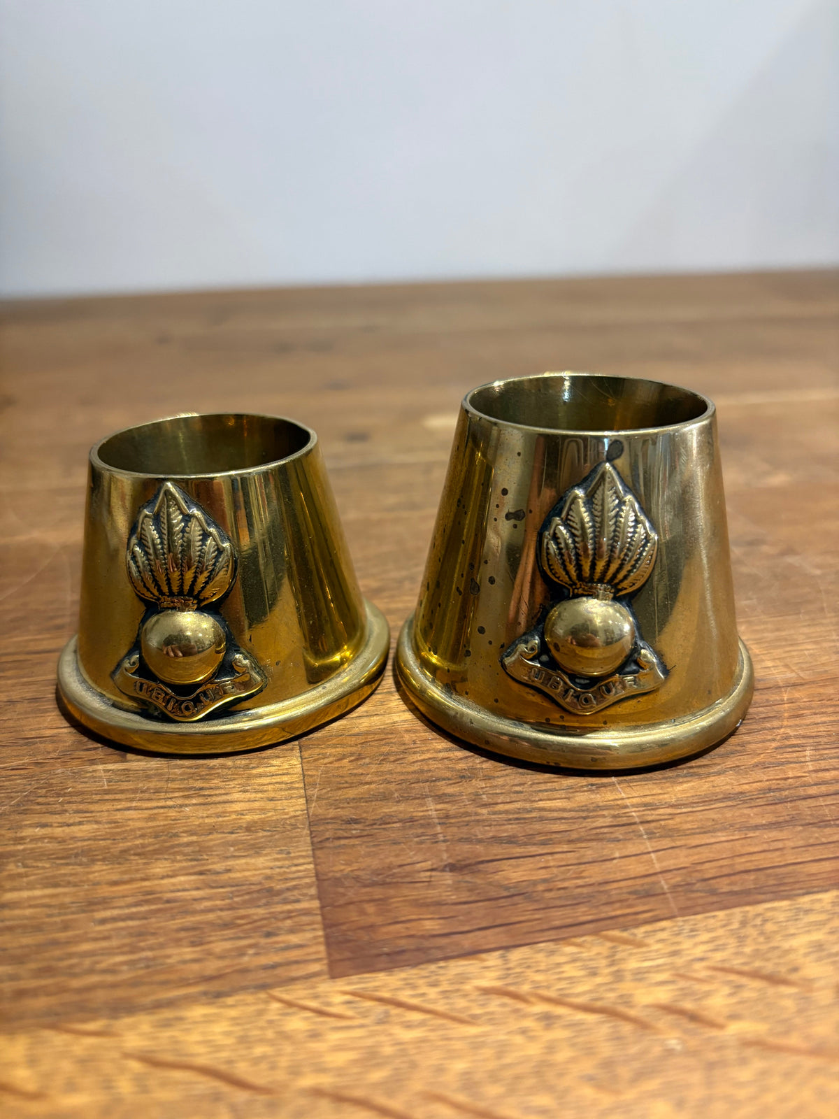 Vintage Pair Of Brass Royal Artillery ‘ubique’ Match Holders.