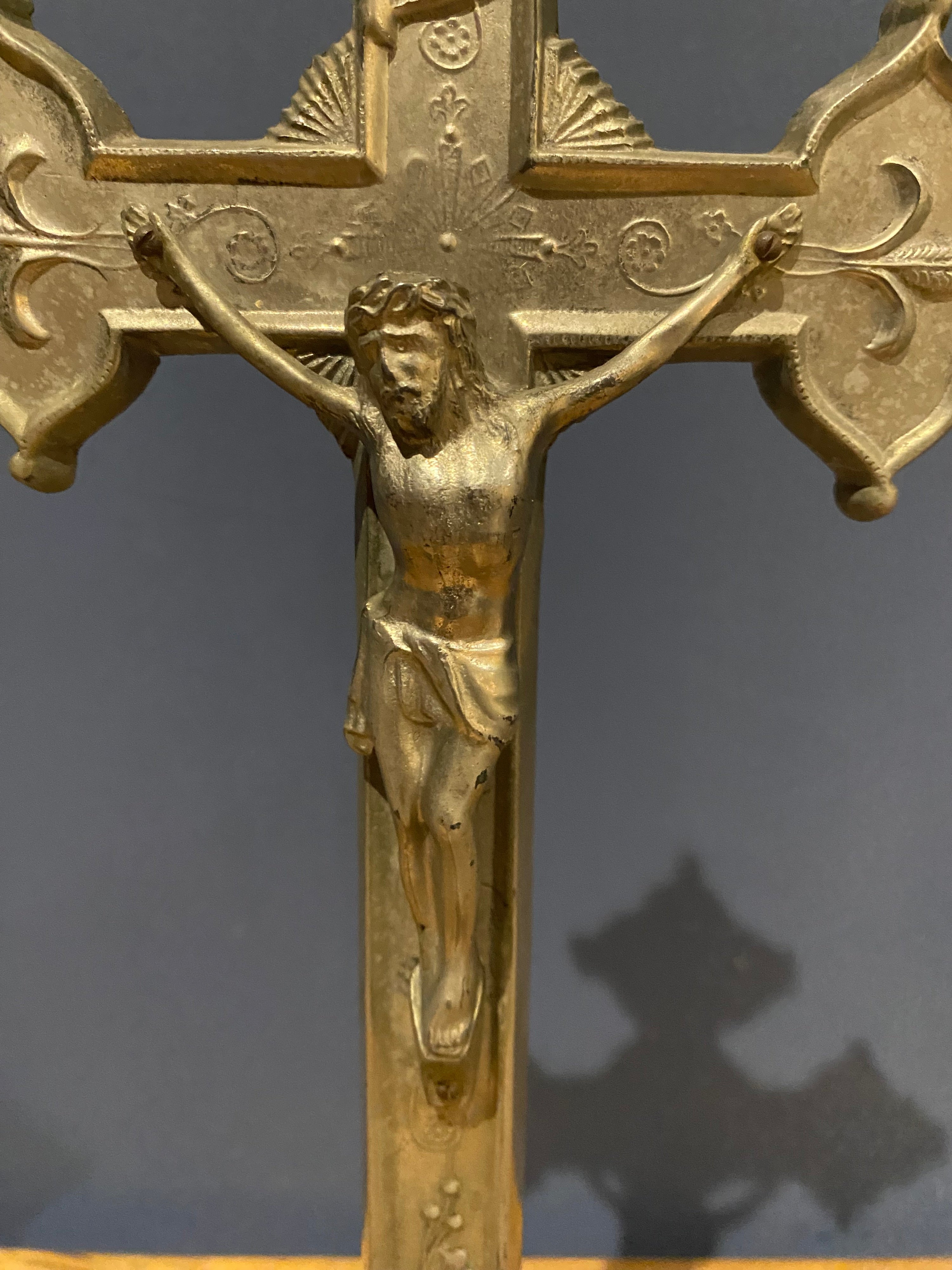 Vintage Mid Century French White Metal Altar Crucifix 41 Cms High