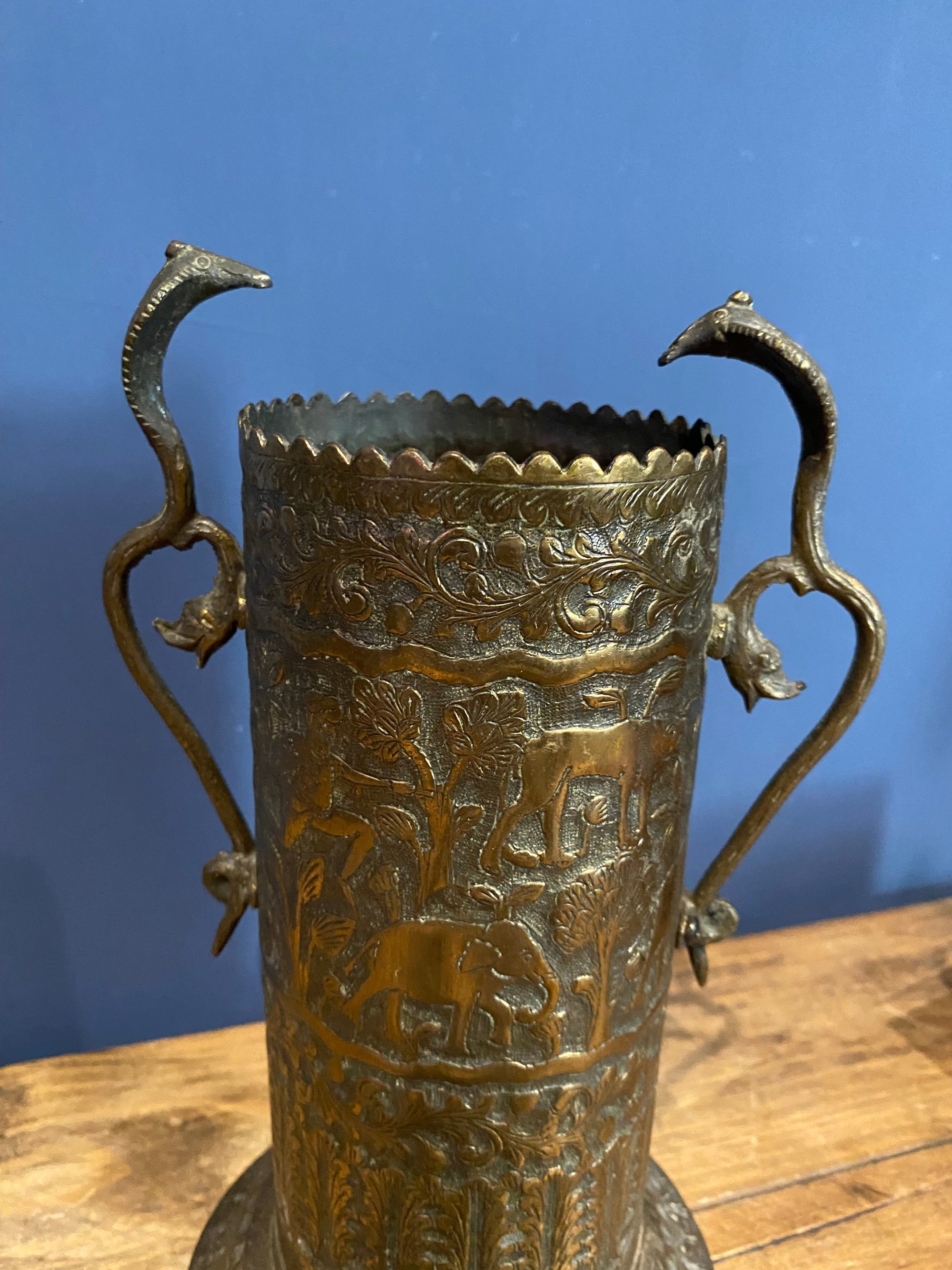Vintage Indian Brass Vase With Cobra Handles