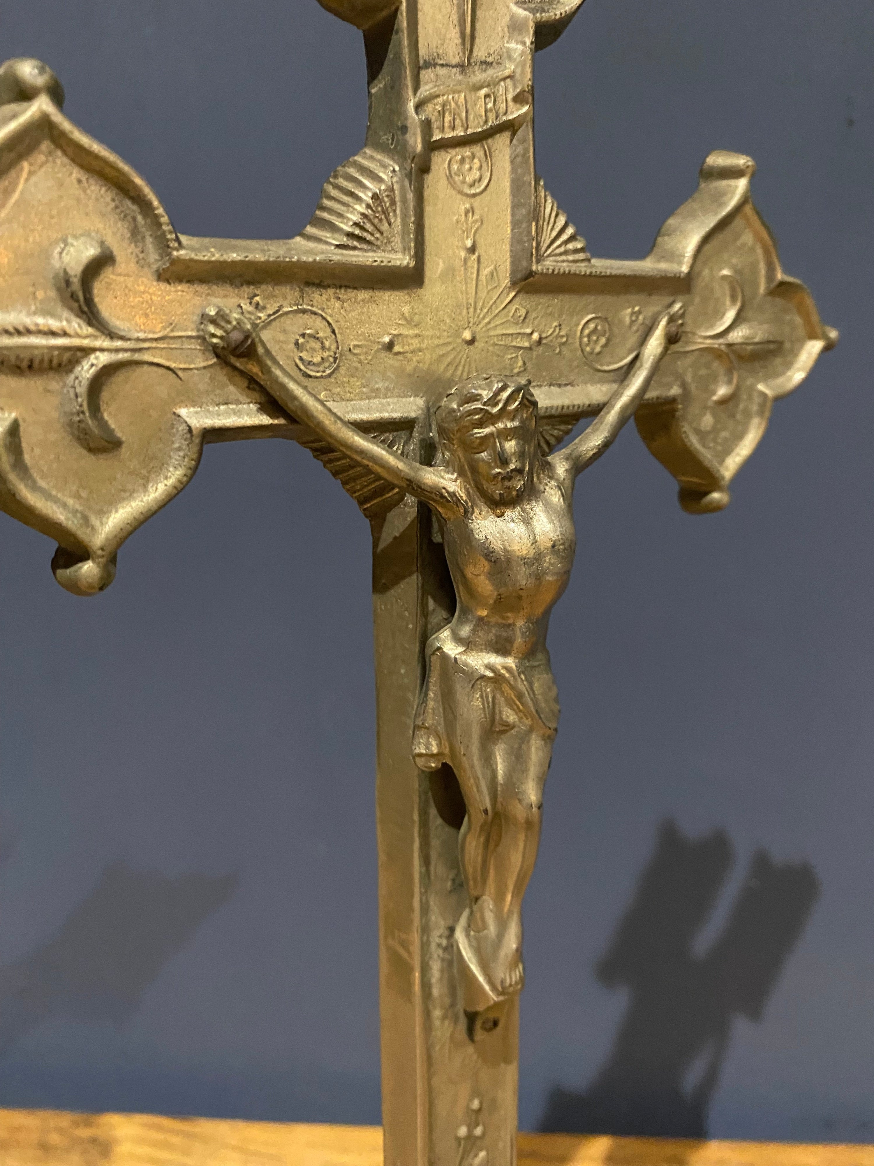 Vintage Mid Century French White Metal Altar Crucifix 41 Cms High