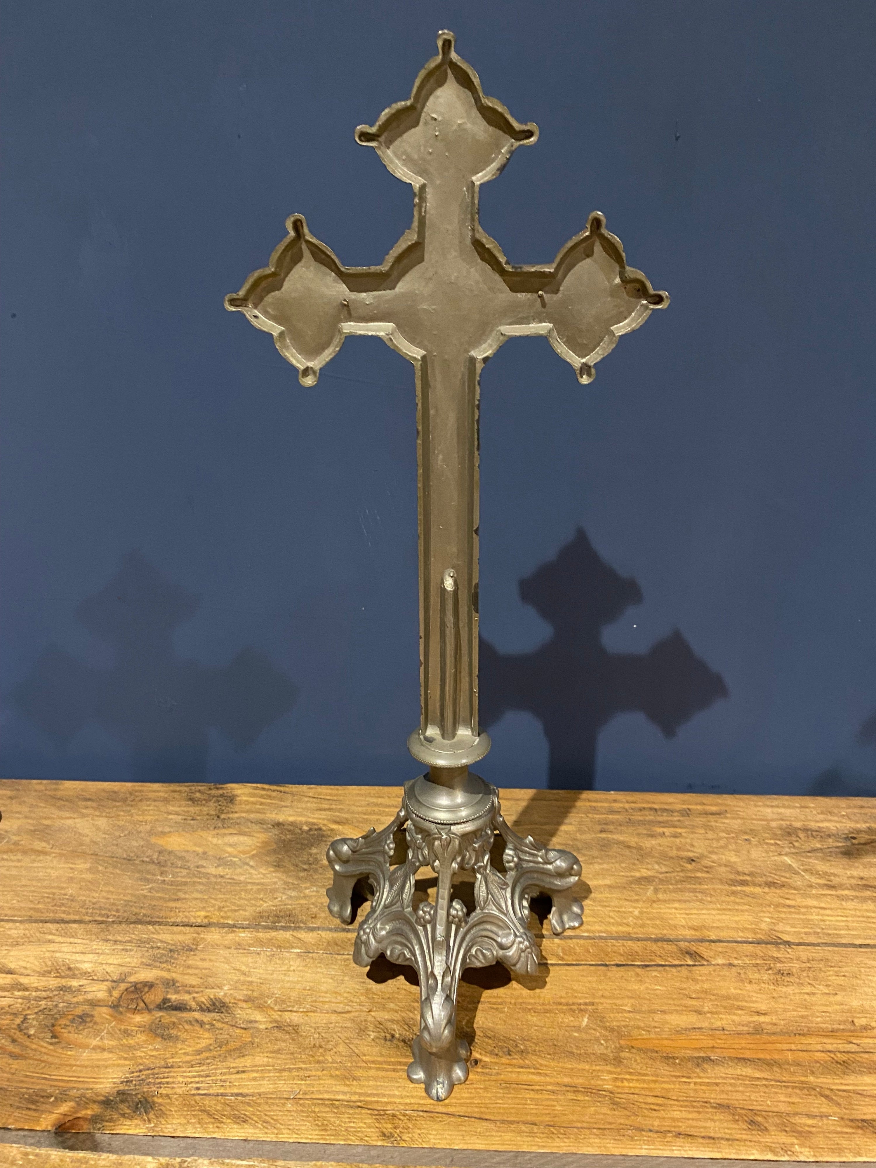 Vintage Mid Century French White Metal Altar Crucifix 41 Cms High