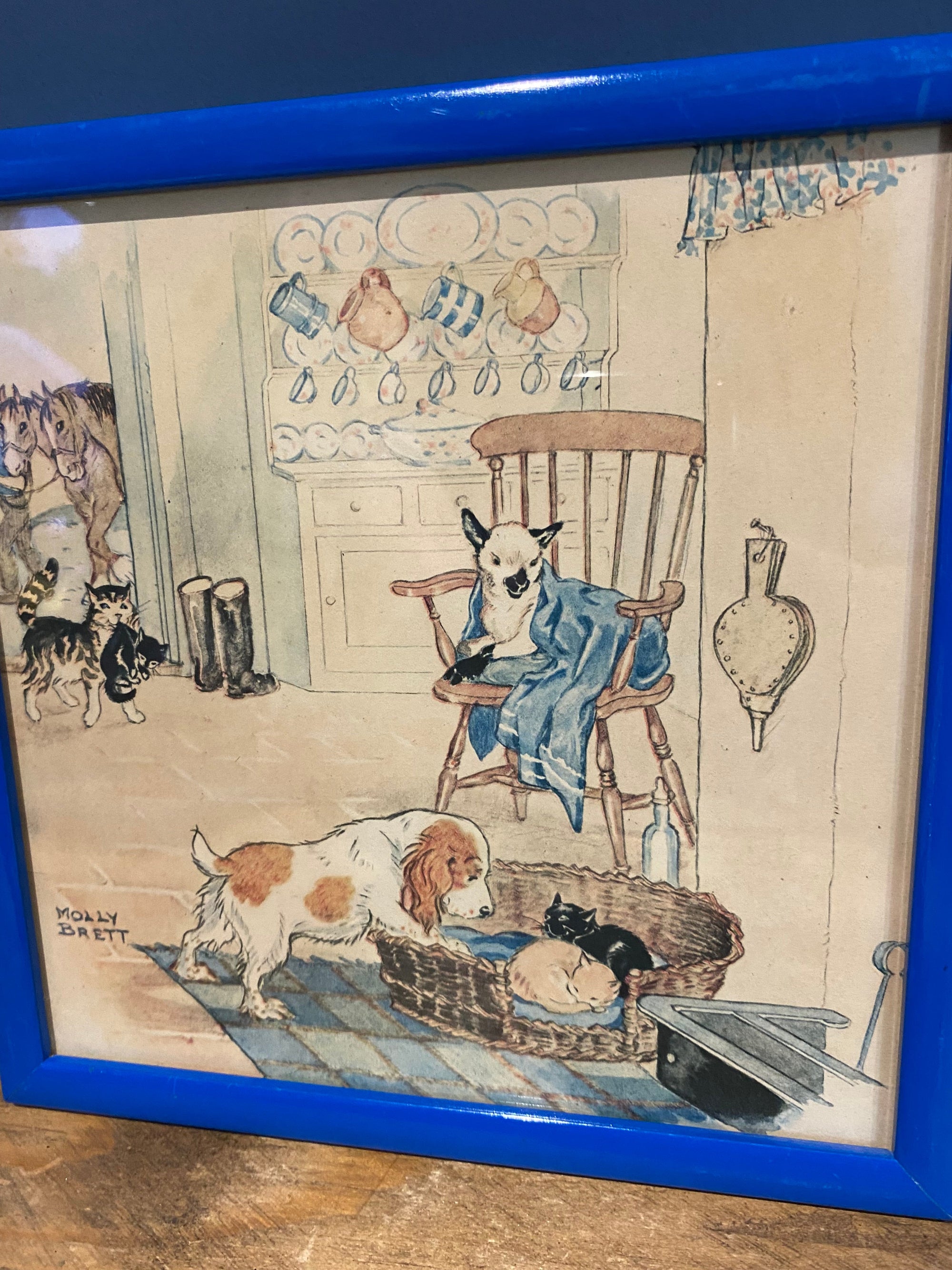 Vintage Molly Brett Nursery Print Framed Dog Cat Animal Illustration  Decor