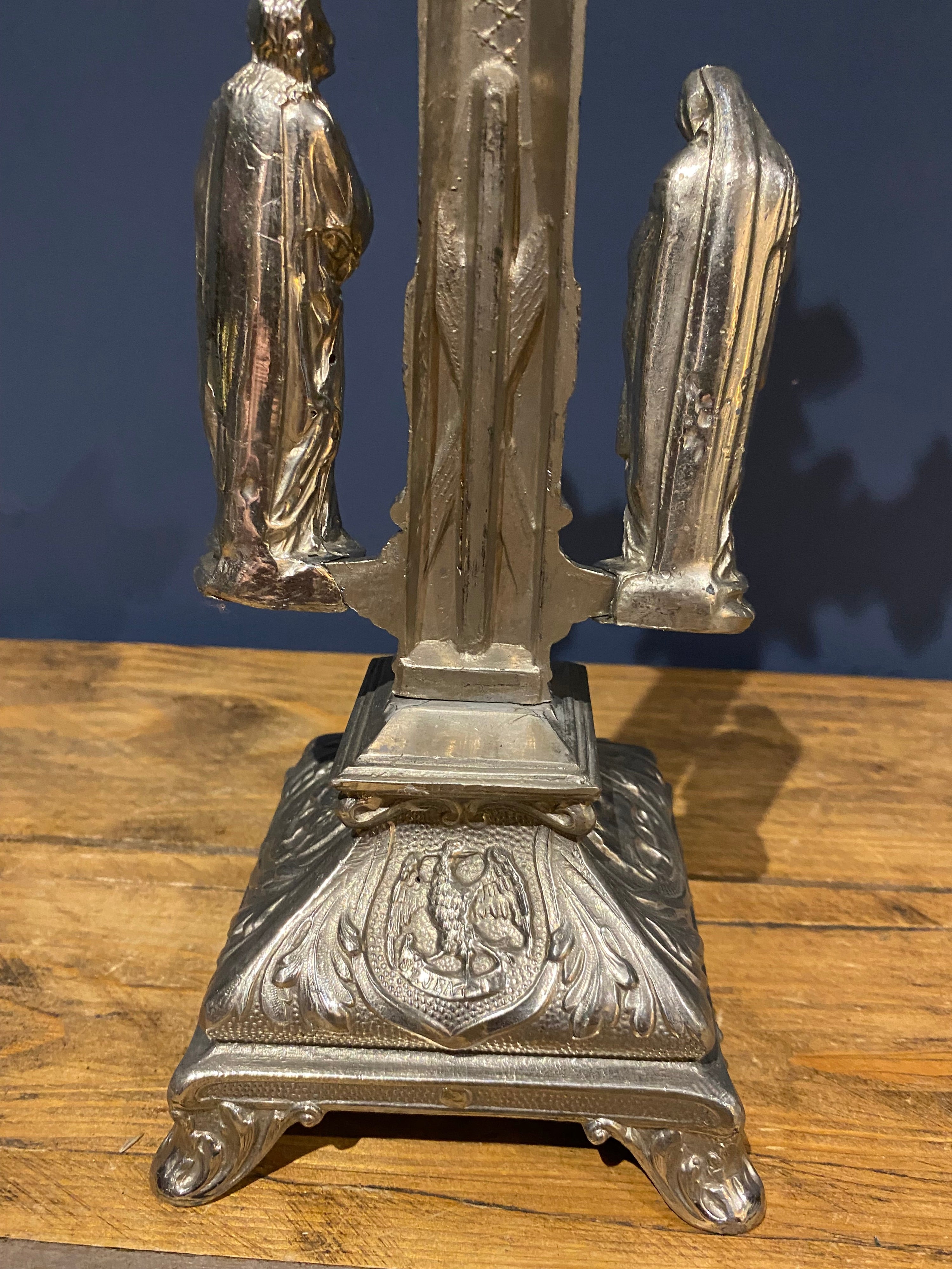 Vintage Mid Century French White Metal  Altar Crucifix 44 Cms High
