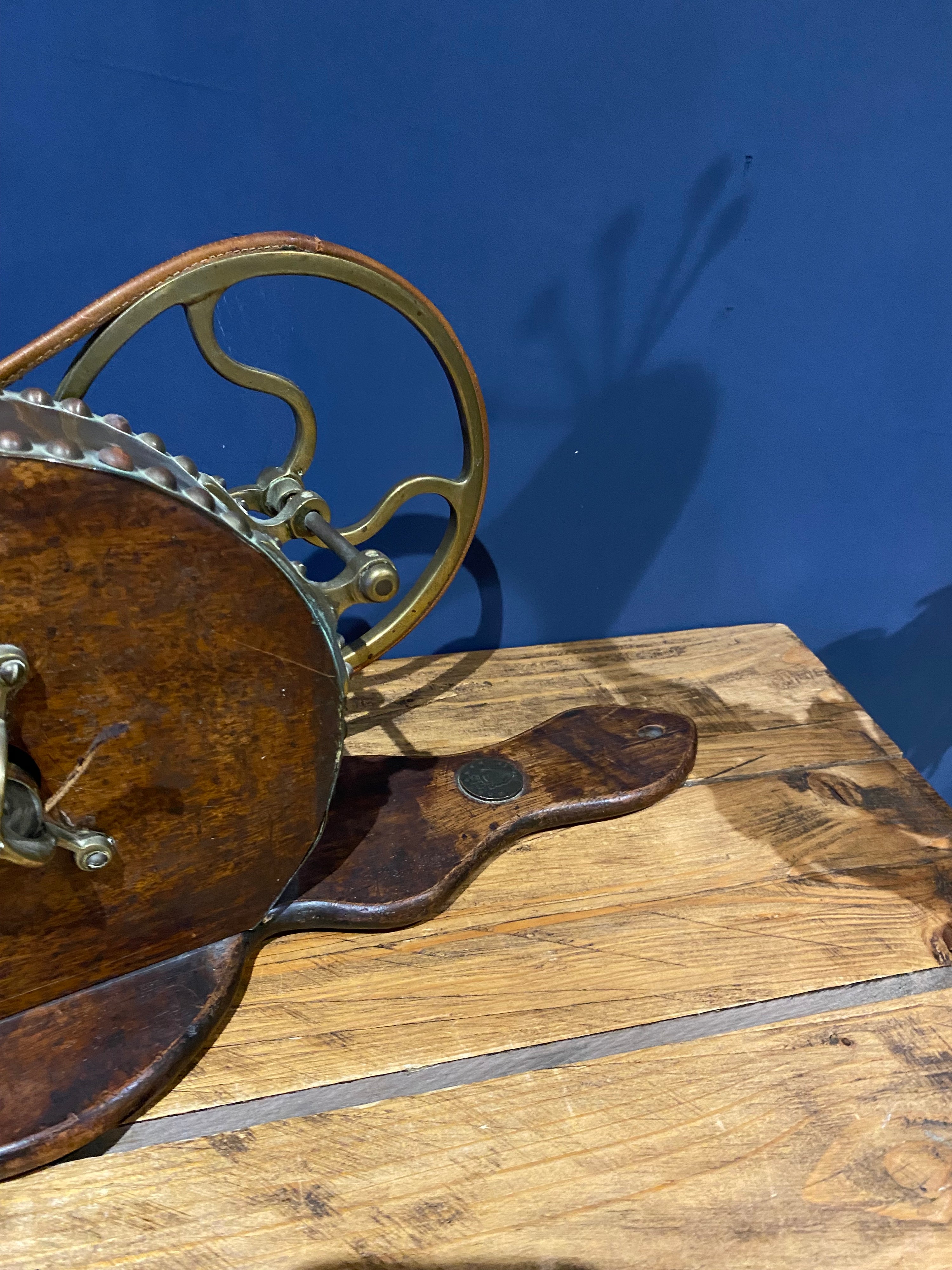 Early Mechanical Fire Bellows ,Copper, Brass, Wood , Irish Halfpenny In Handle .