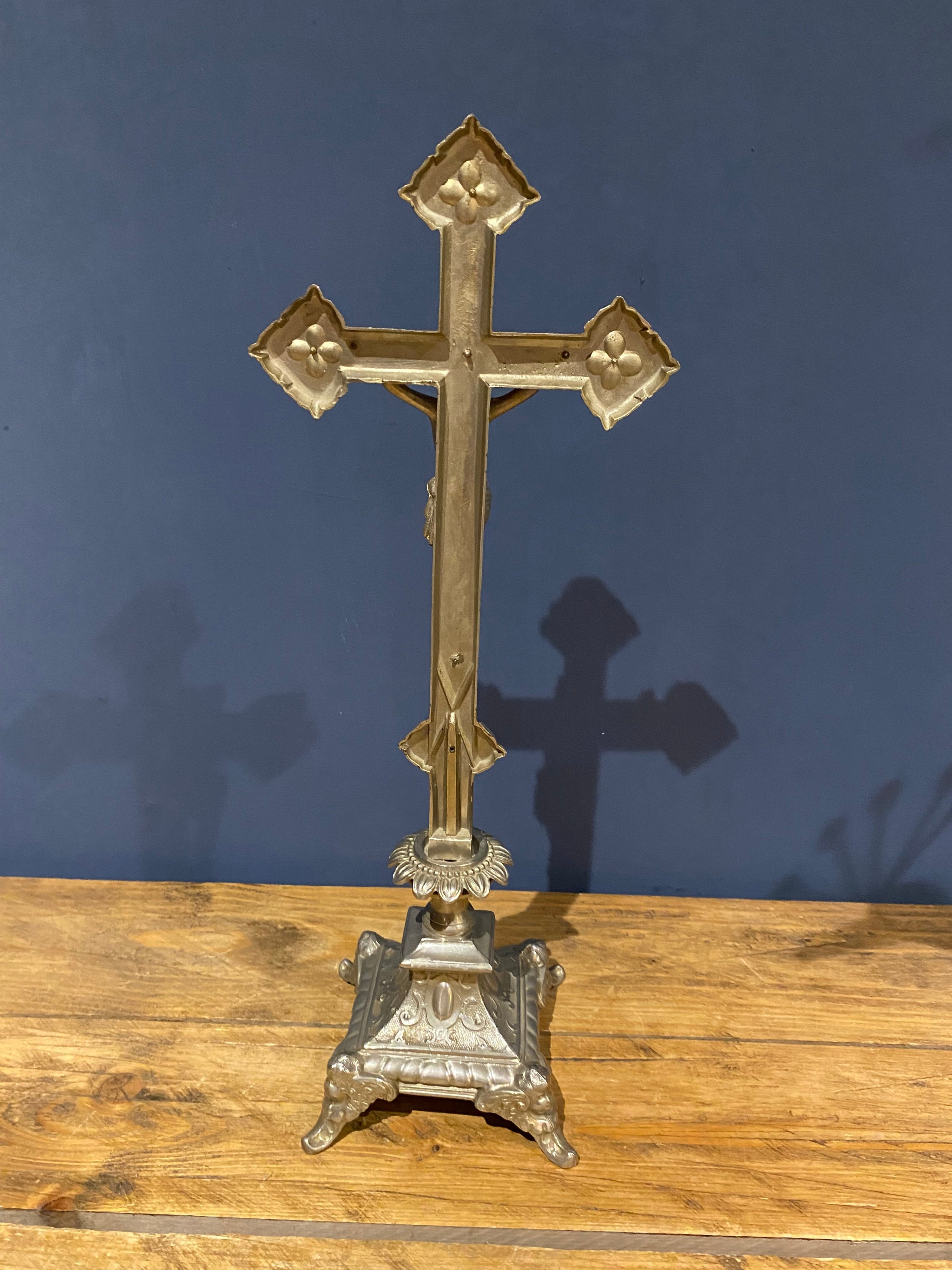 Vintage Mid Century French White Metal  Altar Crucifix 44.5 Cms High