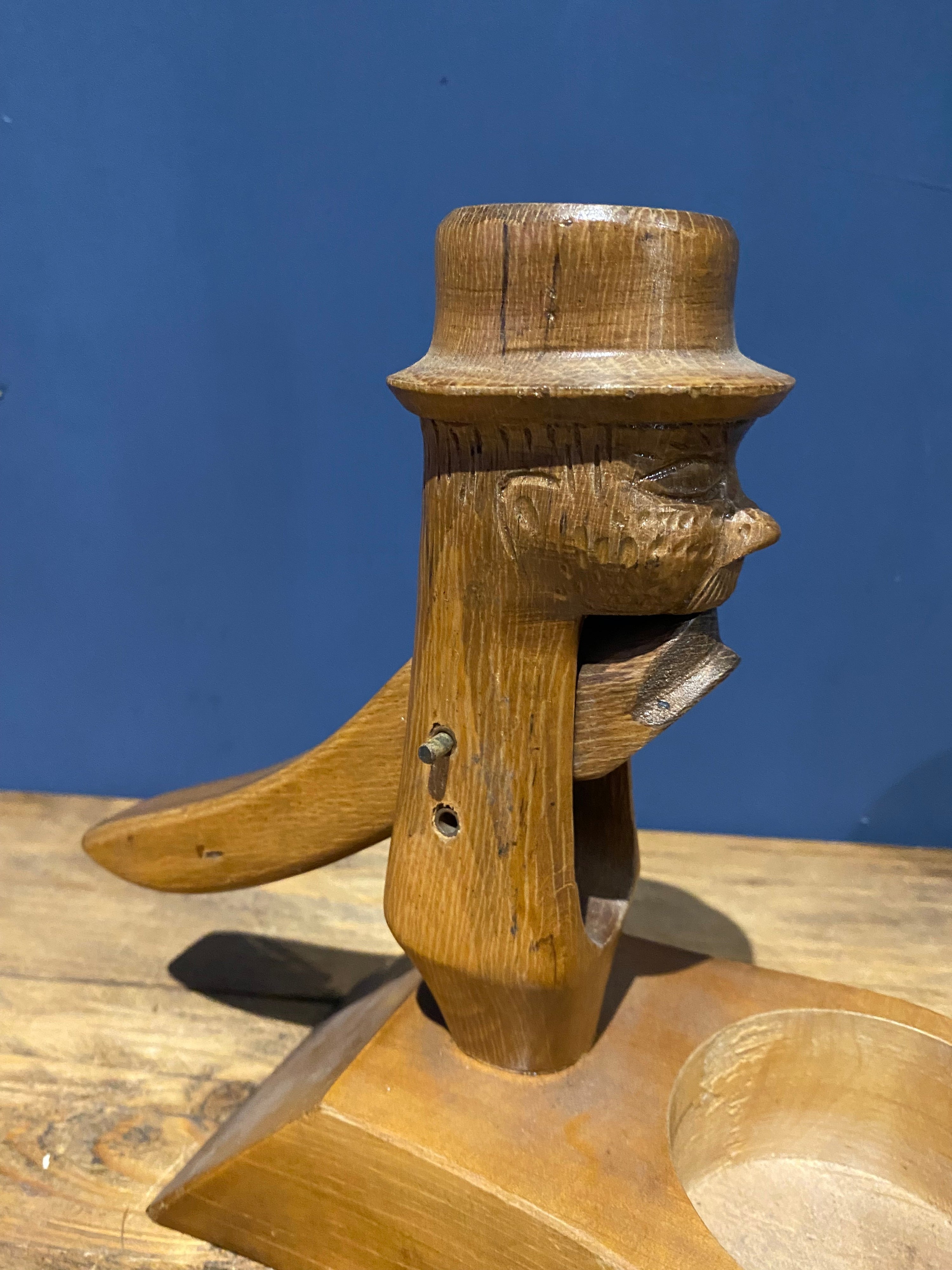 Large Vintage Wood Carved Nut Cracker , Man In Top Hat. With Shell Tray