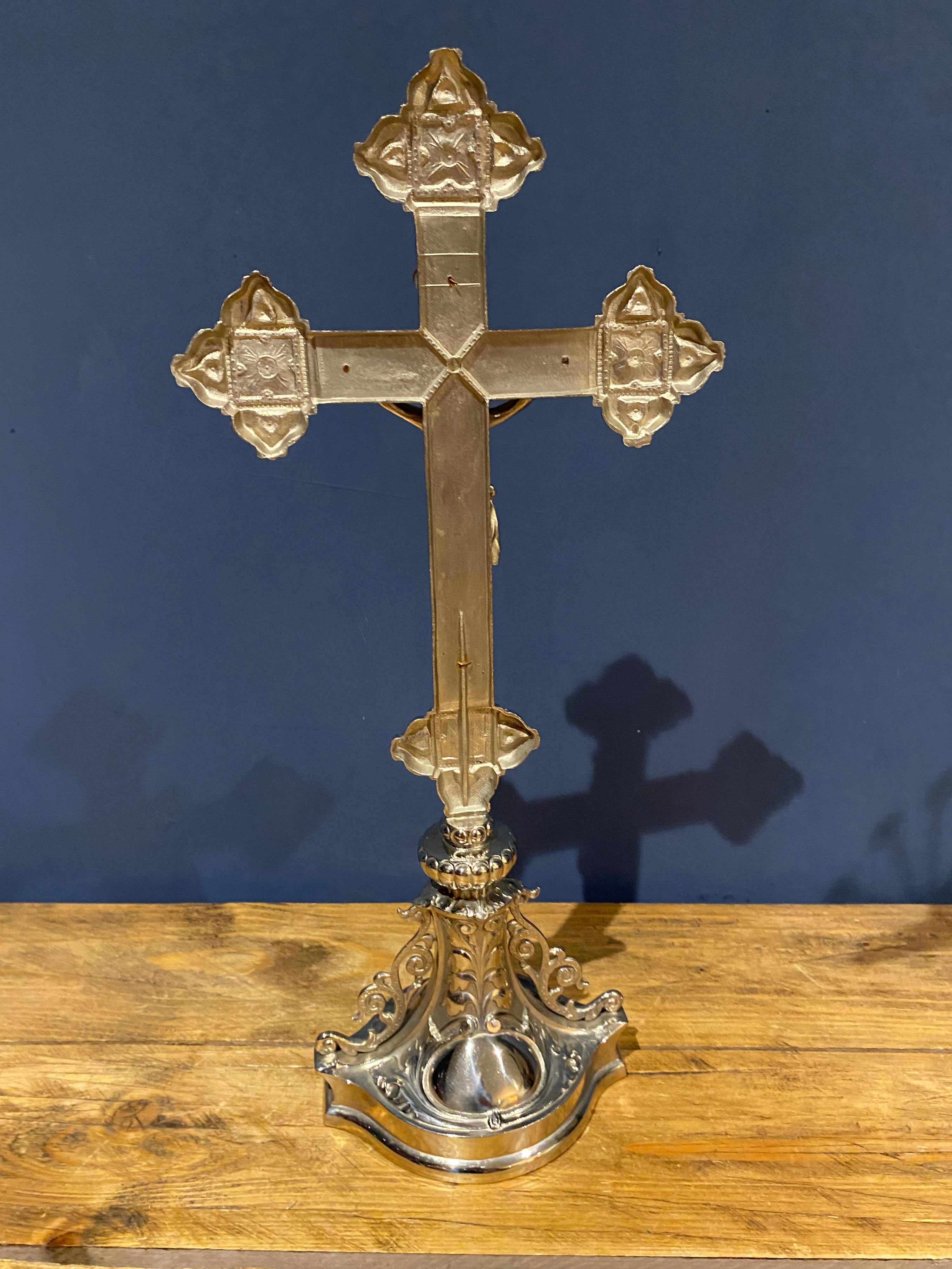Vintage Mid Century French White Metal /chrome Altar Crucifix 43 Cms High