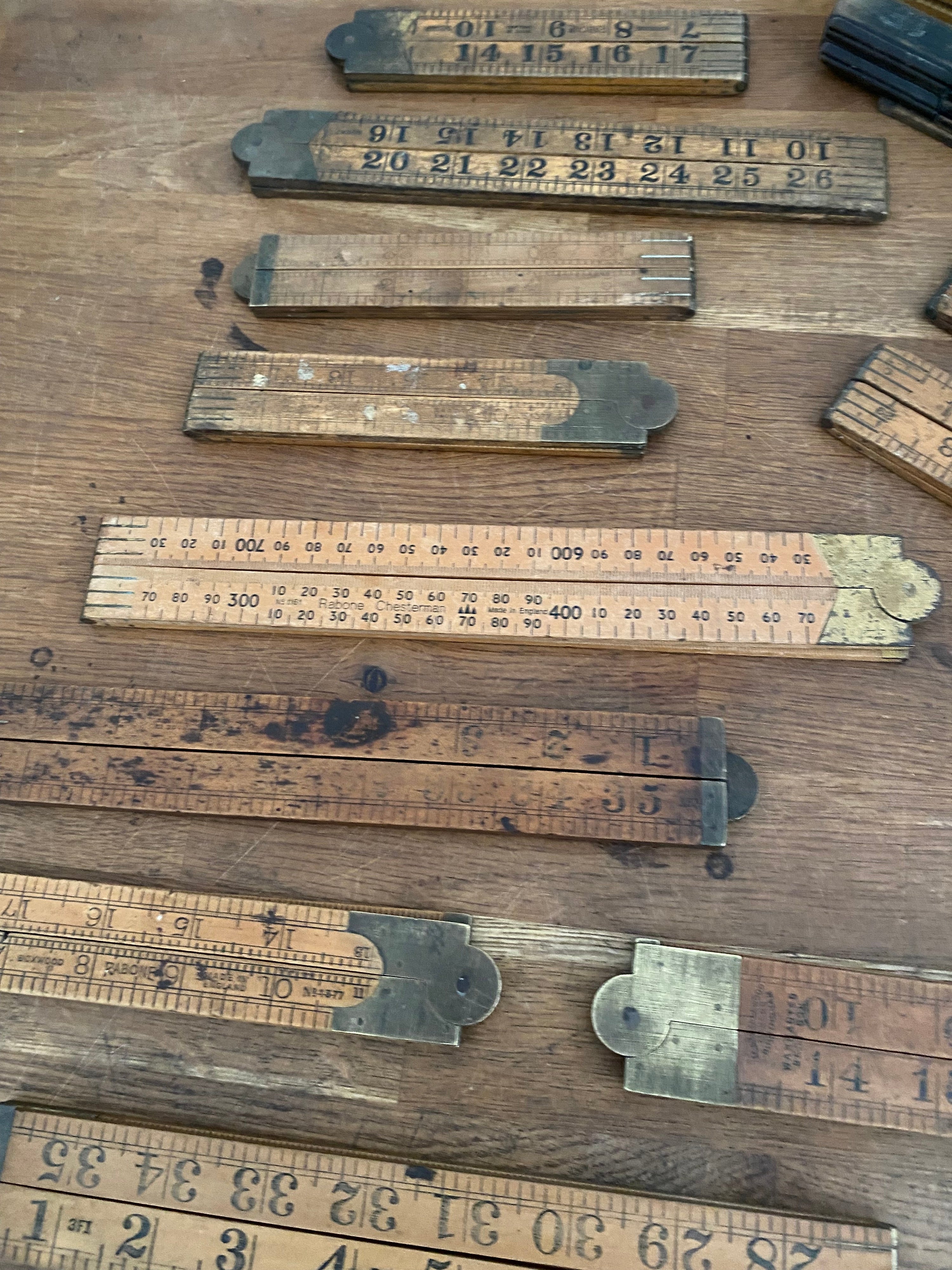 Joblot Of 15 Vintage Box Wood Folding Rulers , Mostly Rabone , Various Condition