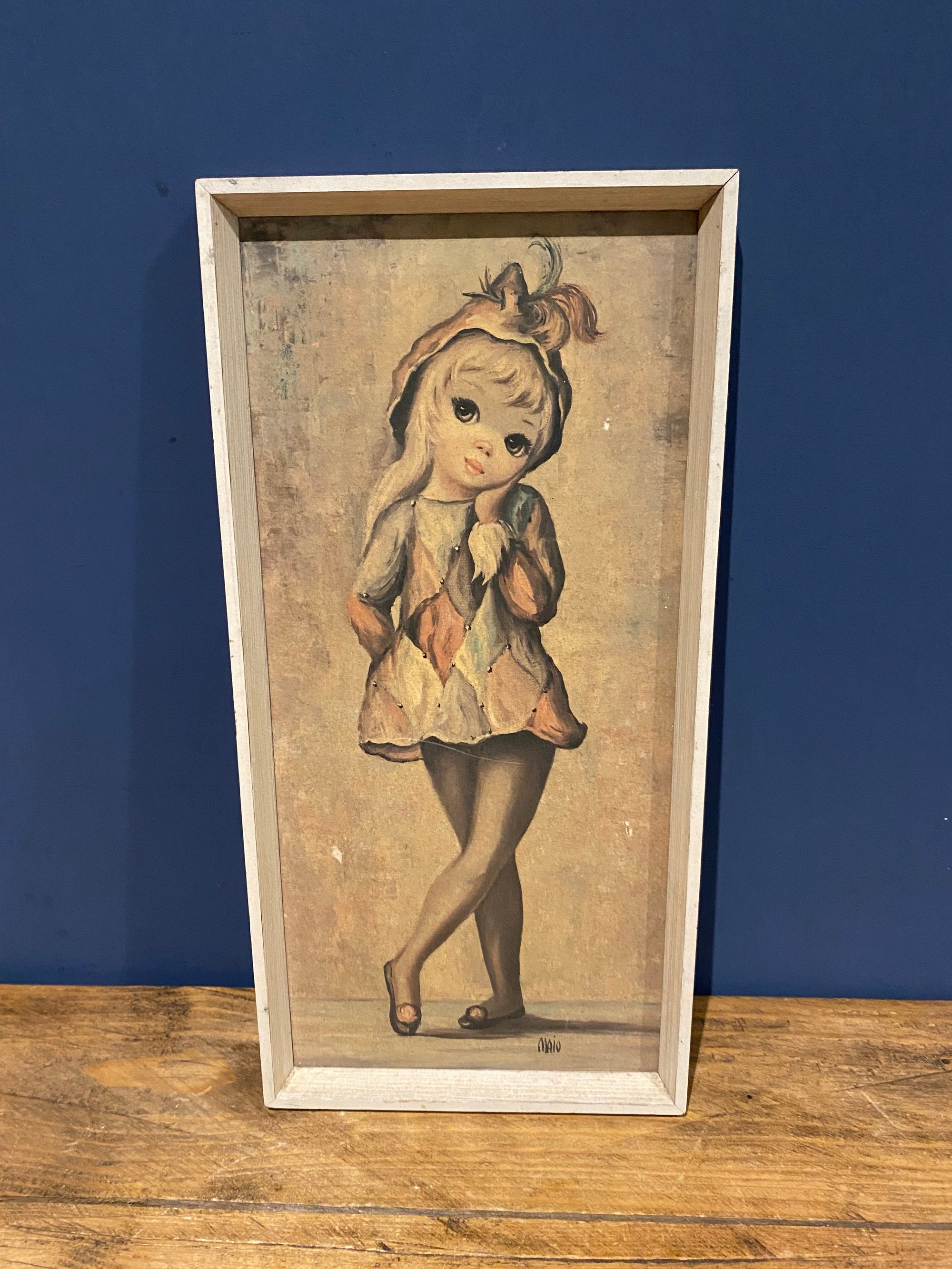 Vintage Maio Harlequin Girl , Big Eyes Print. Boots Framed Retro 60’s/70’s
