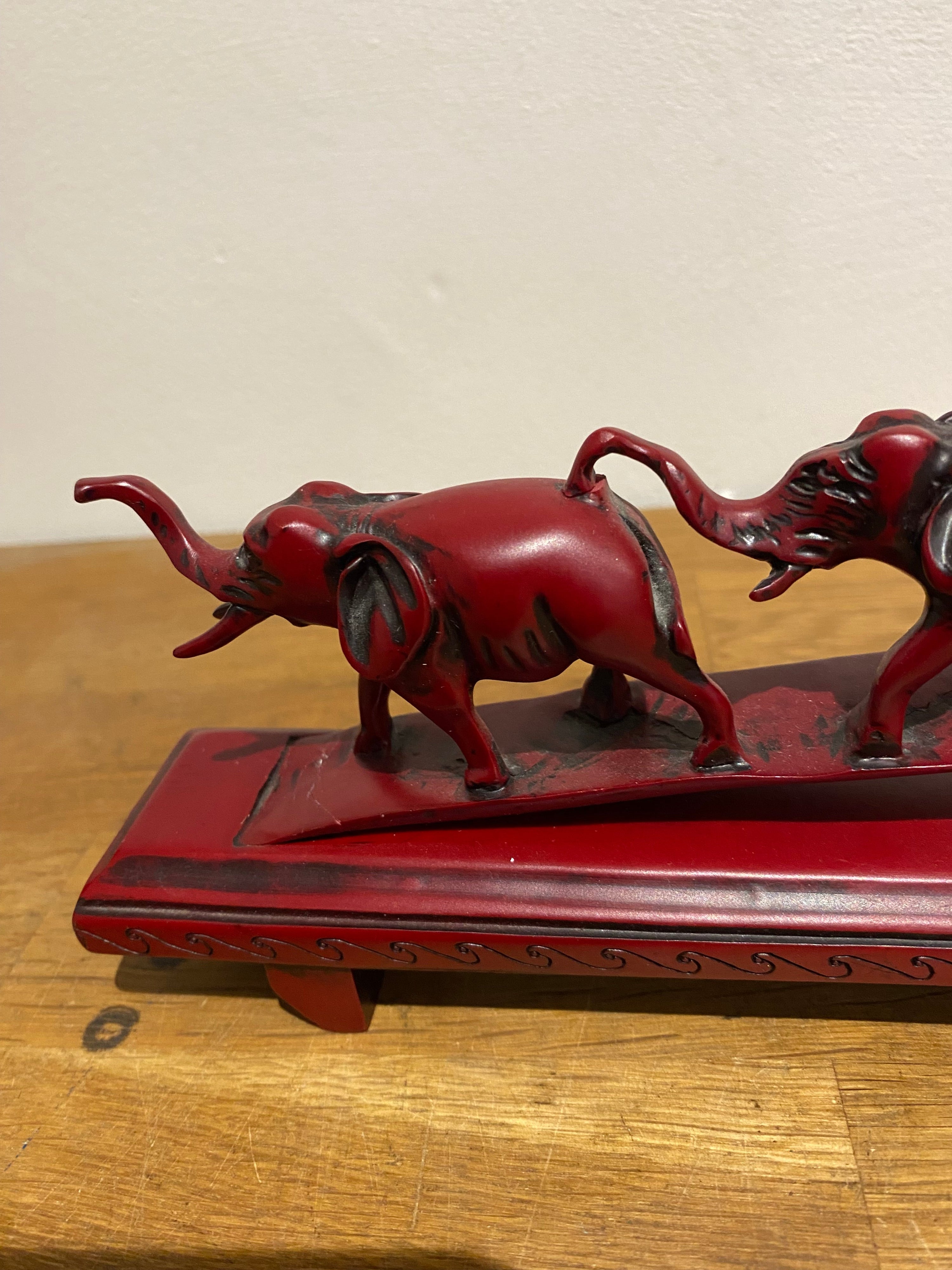 Parade Of Seven Lucky Elephant Resin Model Ornament, Made In China, Cinnabar Red