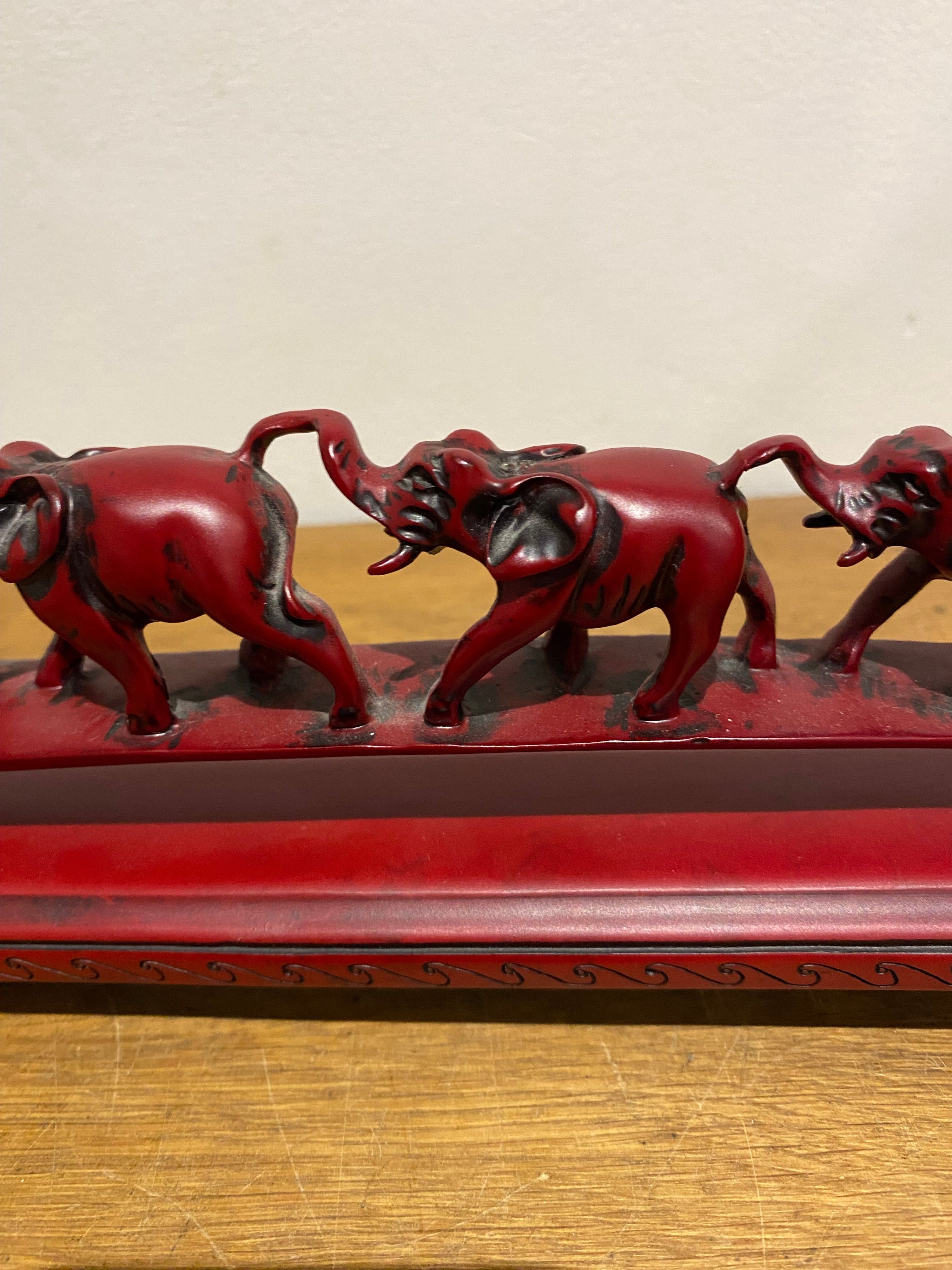 Parade Of Seven Lucky Elephant Resin Model Ornament, Made In China, Cinnabar Red