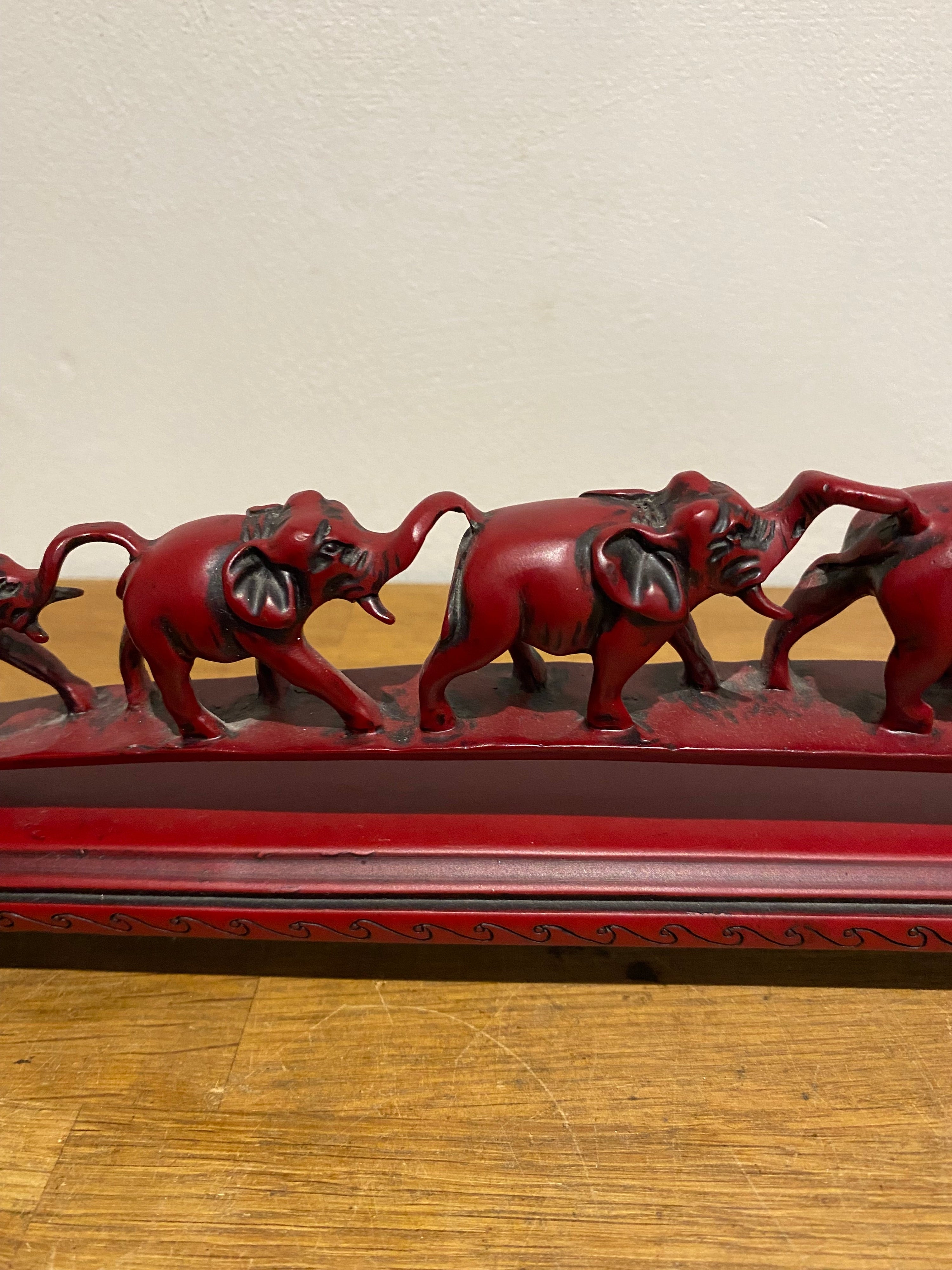 Parade Of Seven Lucky Elephant Resin Model Ornament, Made In China, Cinnabar Red