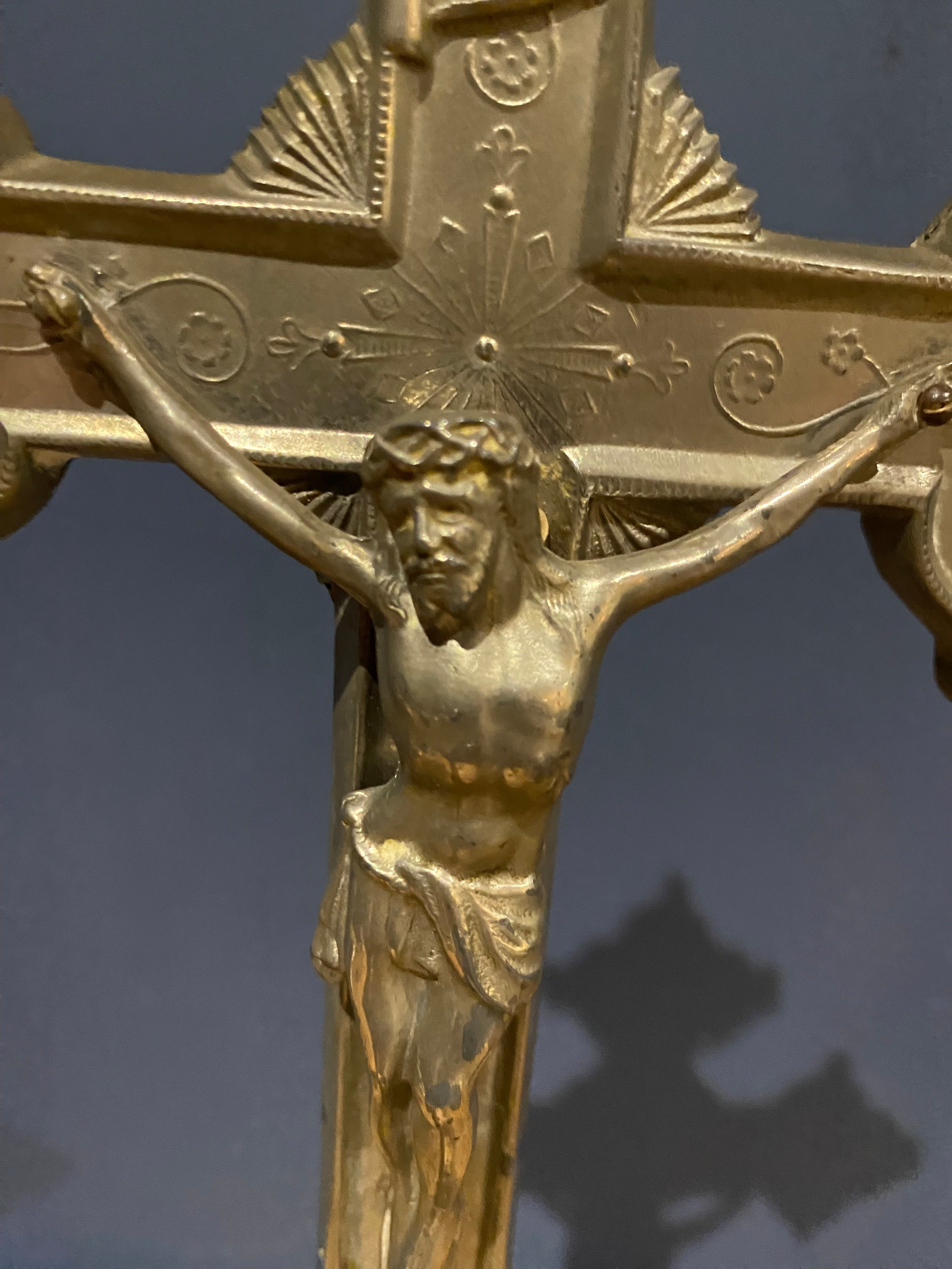 Vintage Mid Century French White Metal Altar Crucifix 41 Cms High