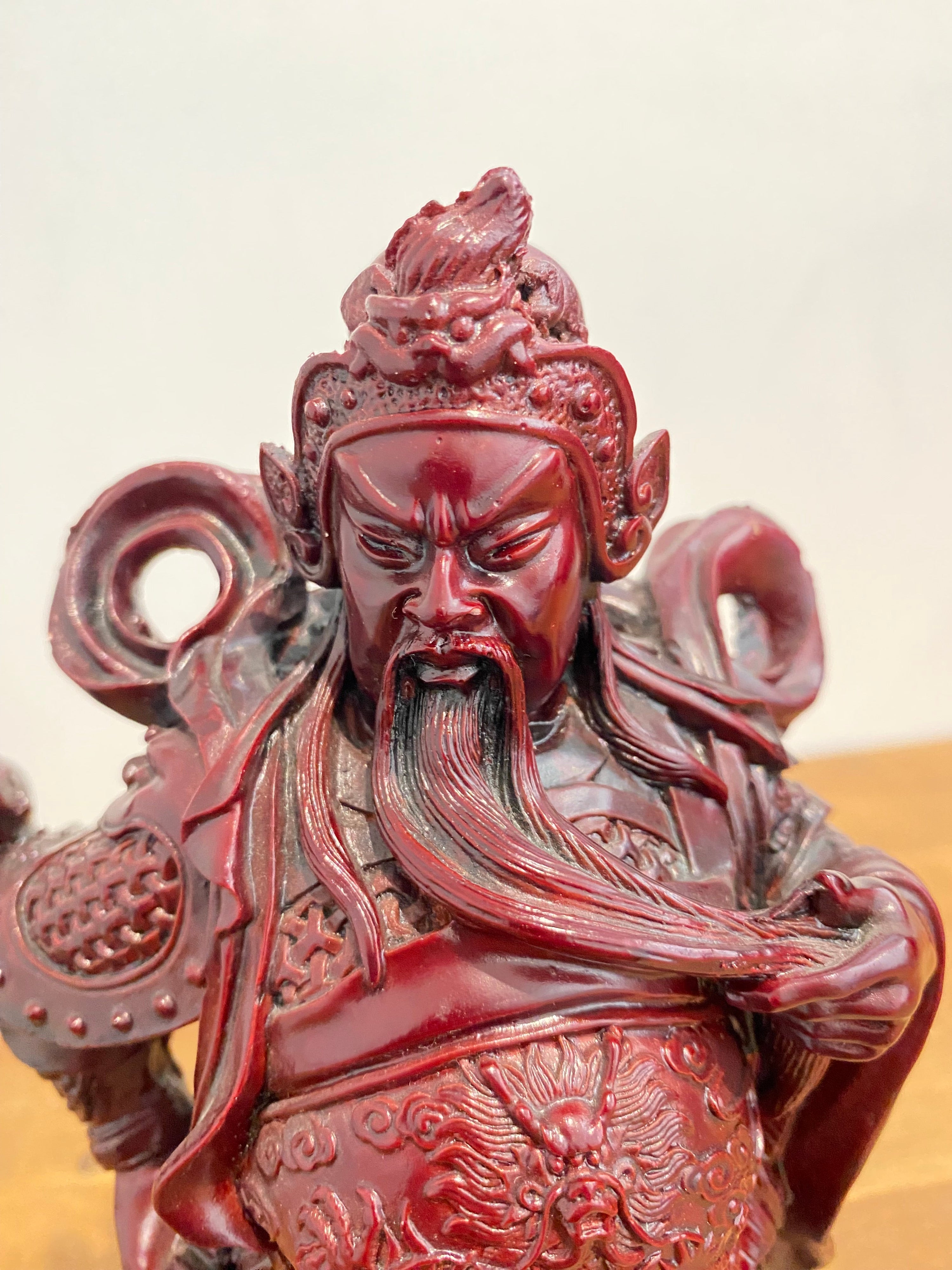 Chinese General Kwan Cinnabar Colour Resin Figure / 10” Statue