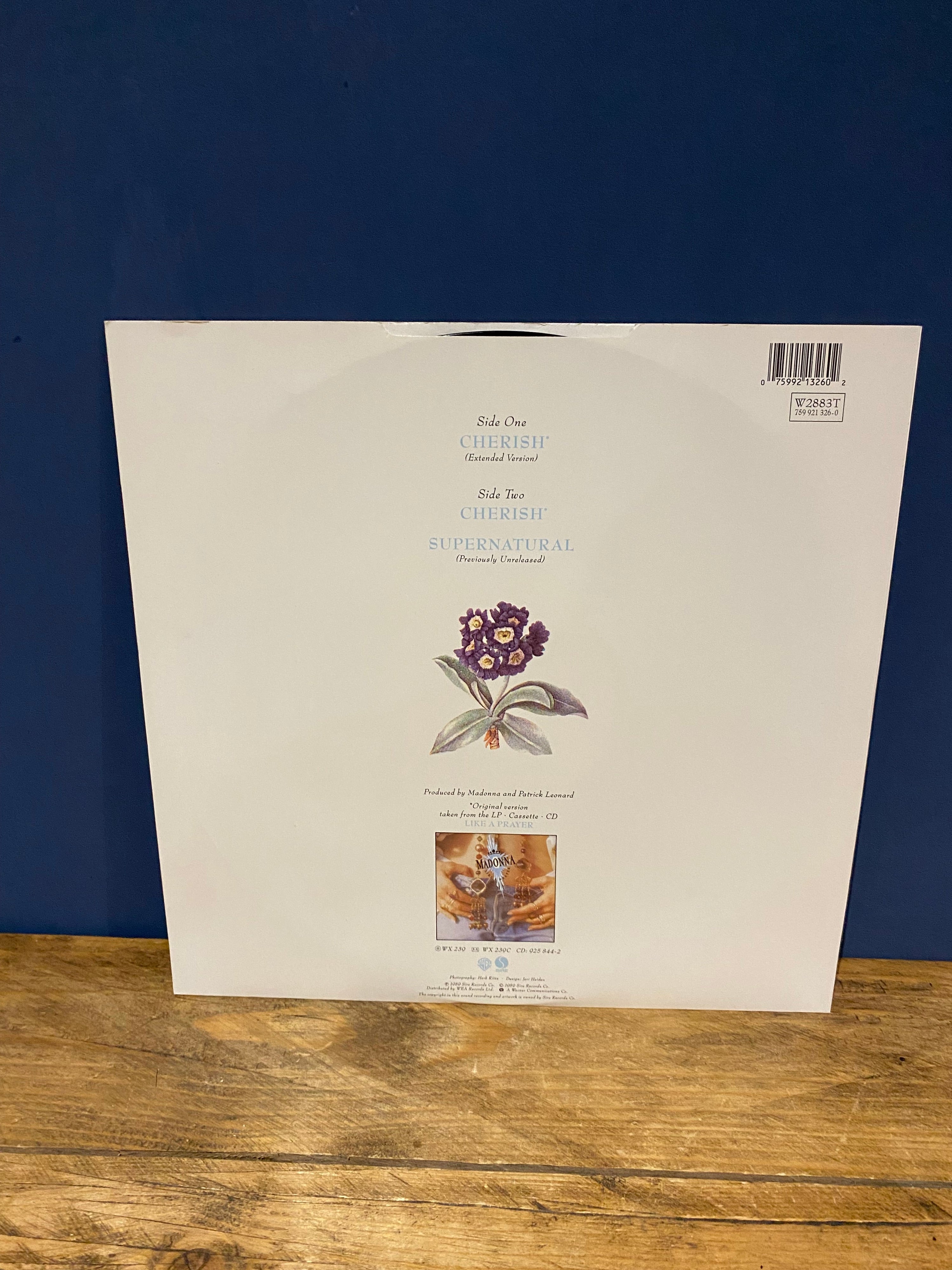 Close up of the back cover of Madonna's Cherish 12 inch single. Buy quirky vintage and antiques from Wilson Fox Antiques with fast dispatch and free delivery.