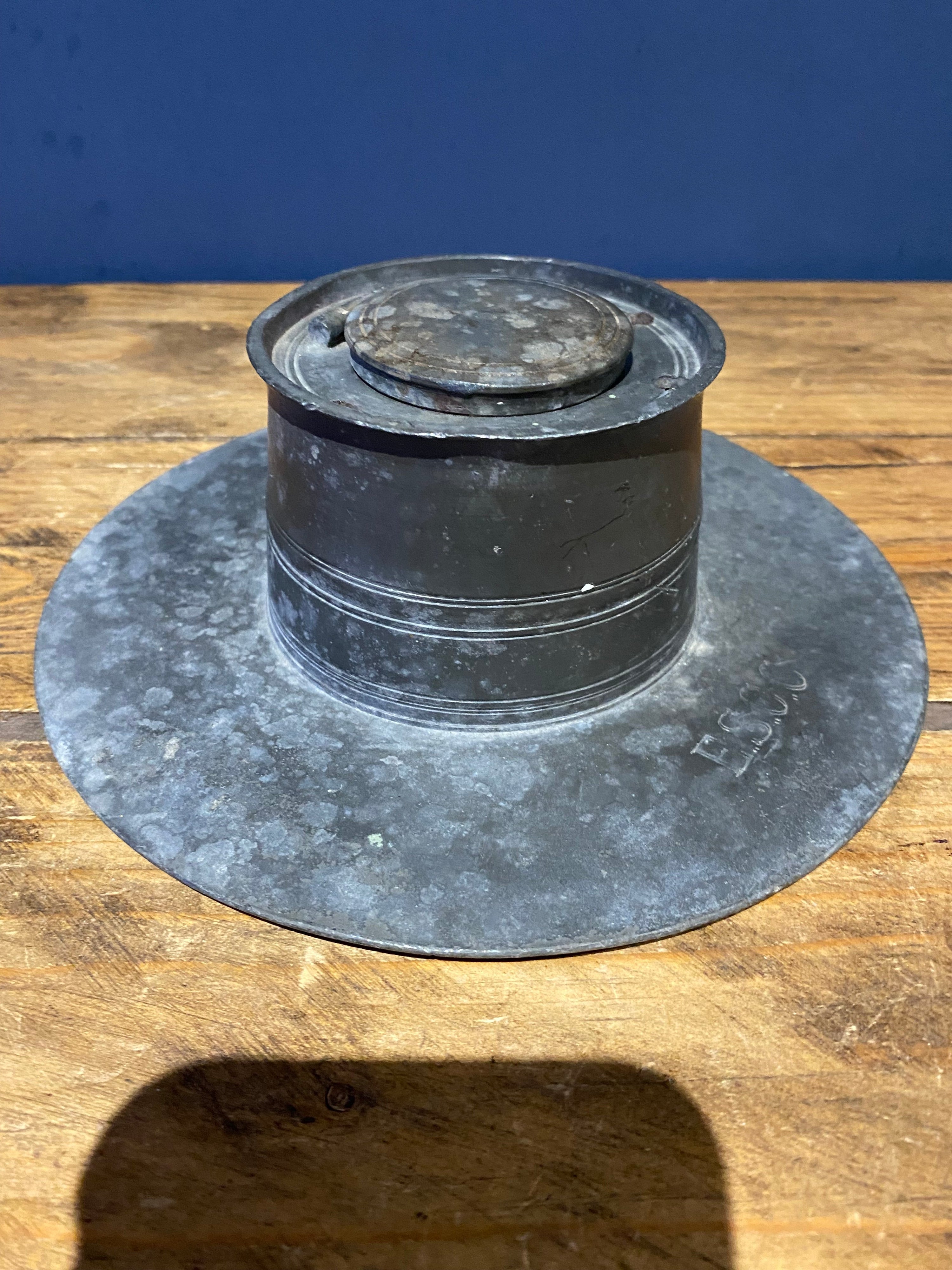 Vintage/ Antique Pewter Inkwell , Stamped E.S.C.C.